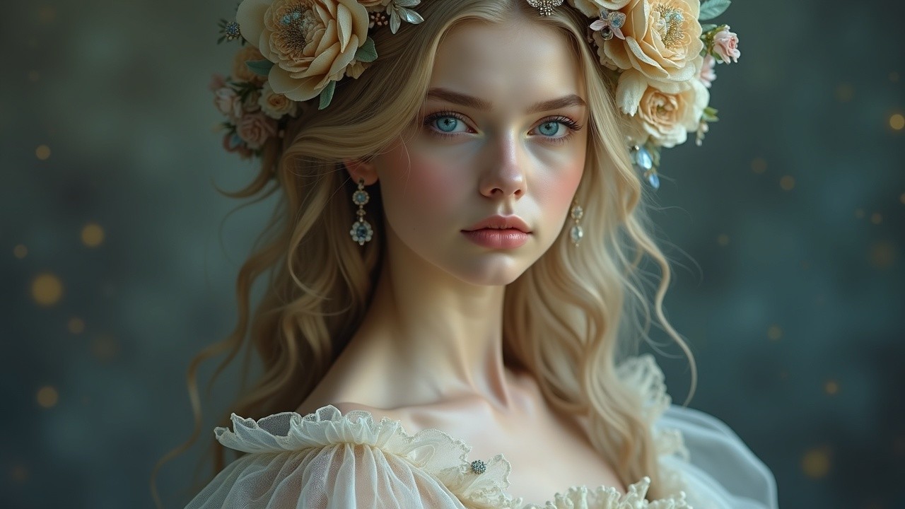 Young woman in floral crown and elegant gown