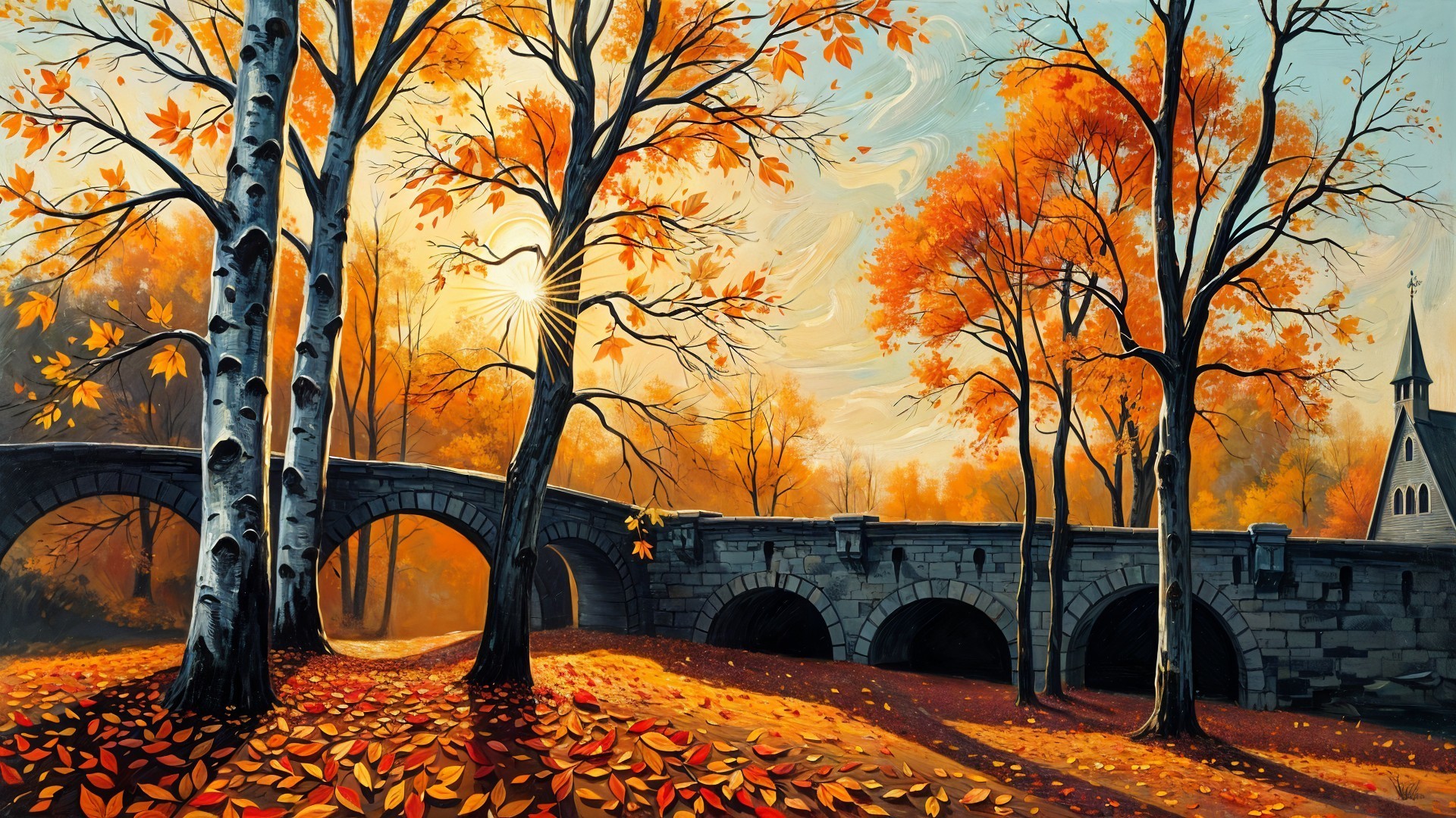 Autumn Landscape with Vibrant Foliage and Bridge