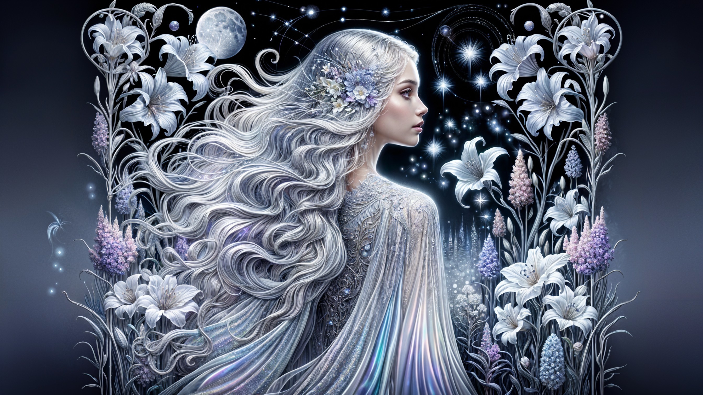 Ethereal figure in silver gown amidst starlit flowers