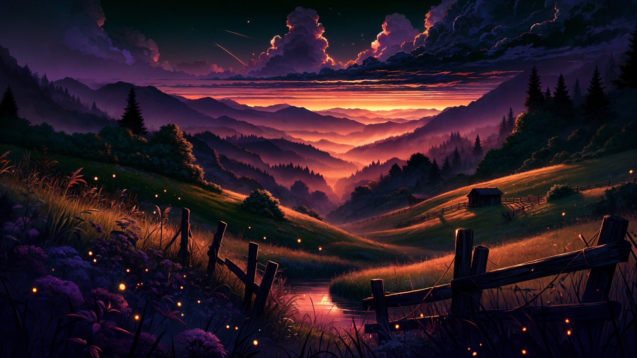 Twilight Landscape with Mountains and Stream Details