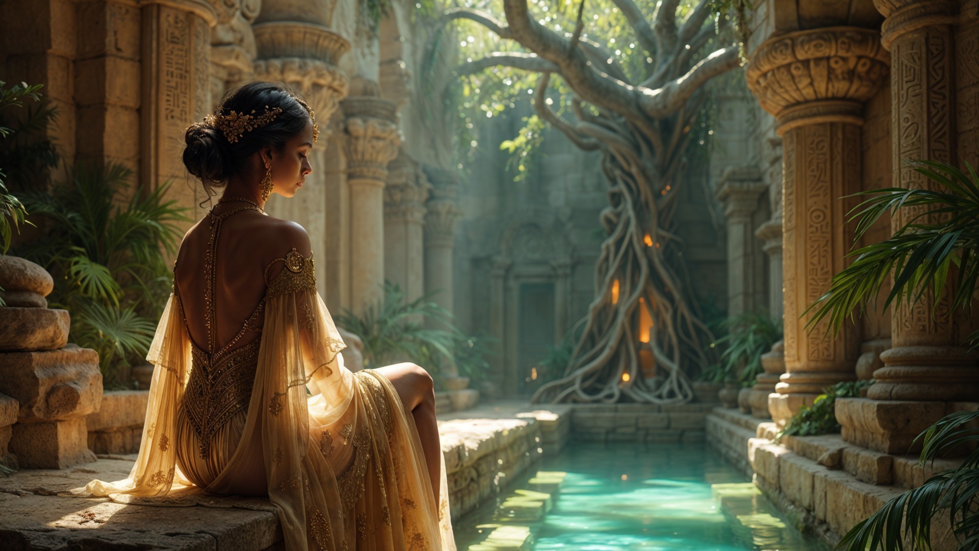 Serene Figure in Ancient Temple by Tranquil Pool