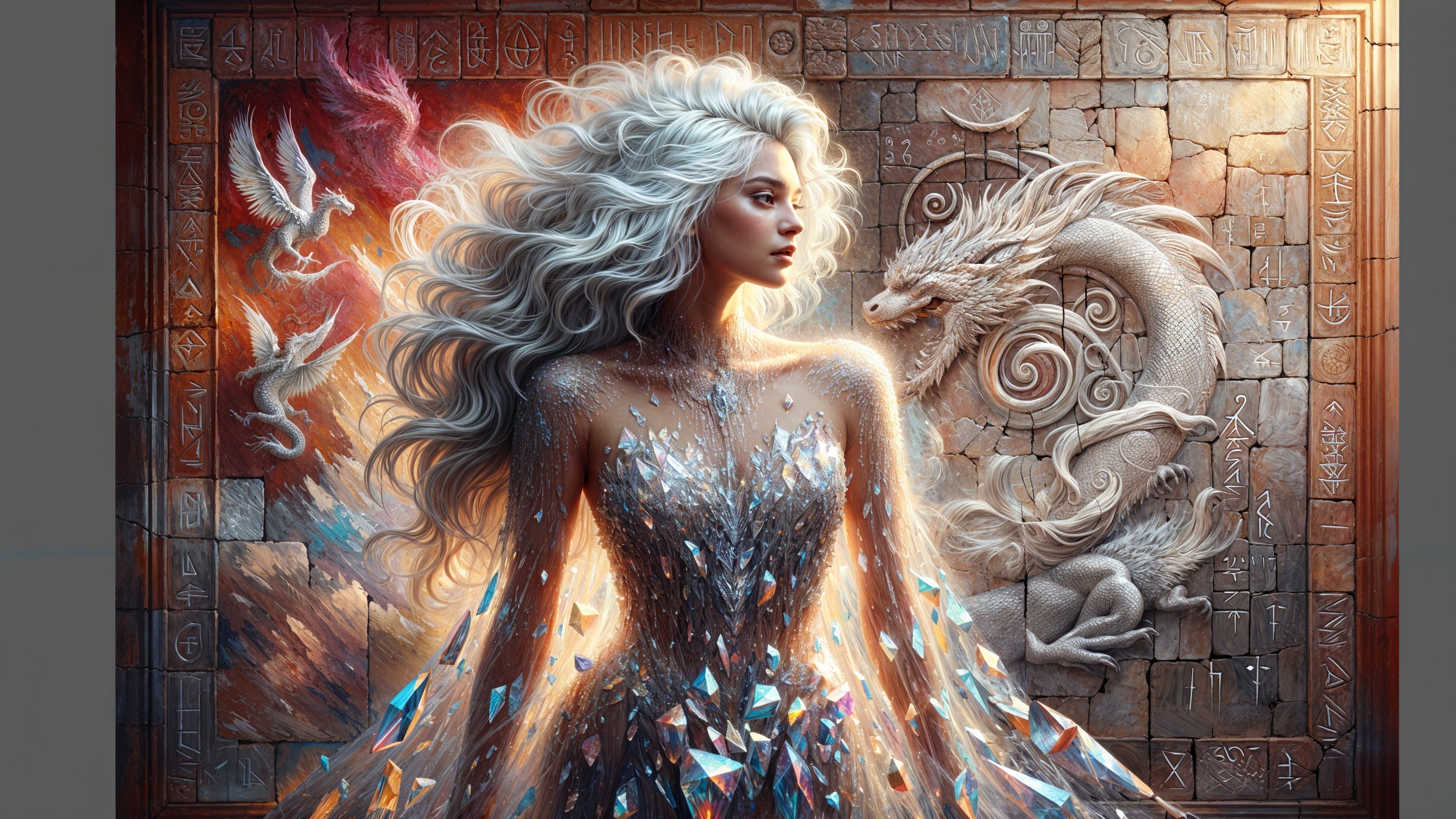 Mystical Woman with Silver Hair and Dragon Scene