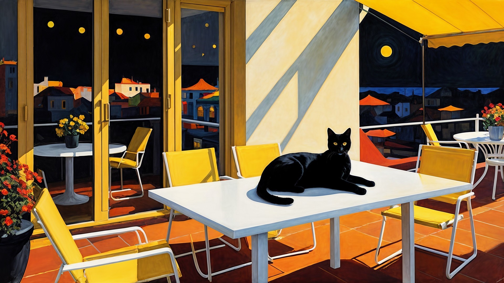 Black Cat on White Table in Vibrant Terrace Setting