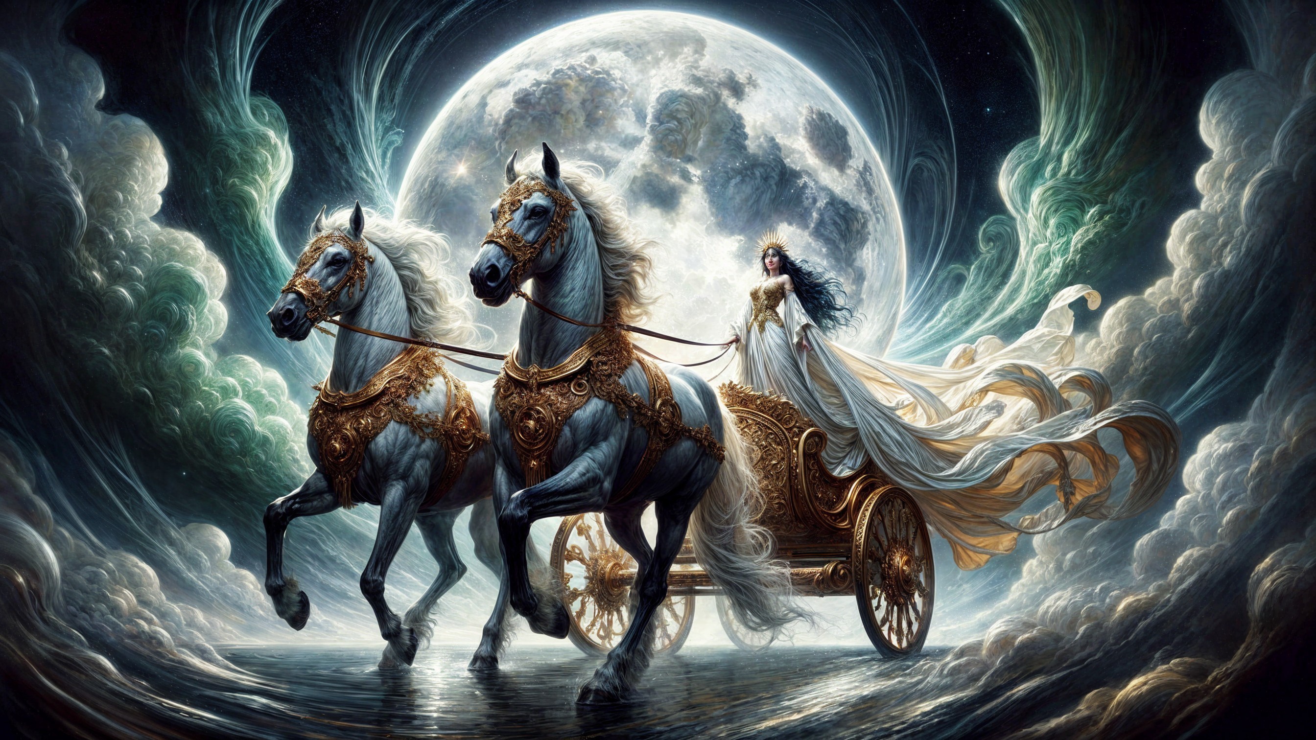 Majestic Scene of Horses Pulling a Regal Chariot