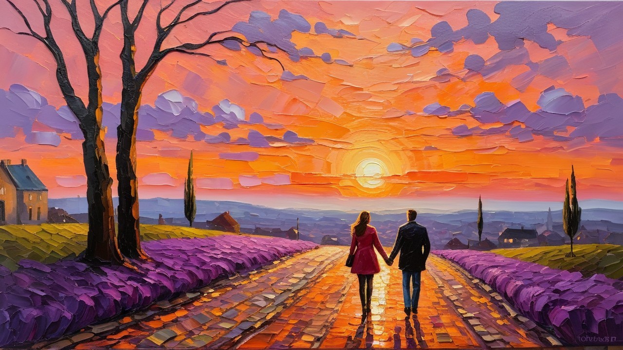 Couple Walking Through Lavender Fields at Sunset