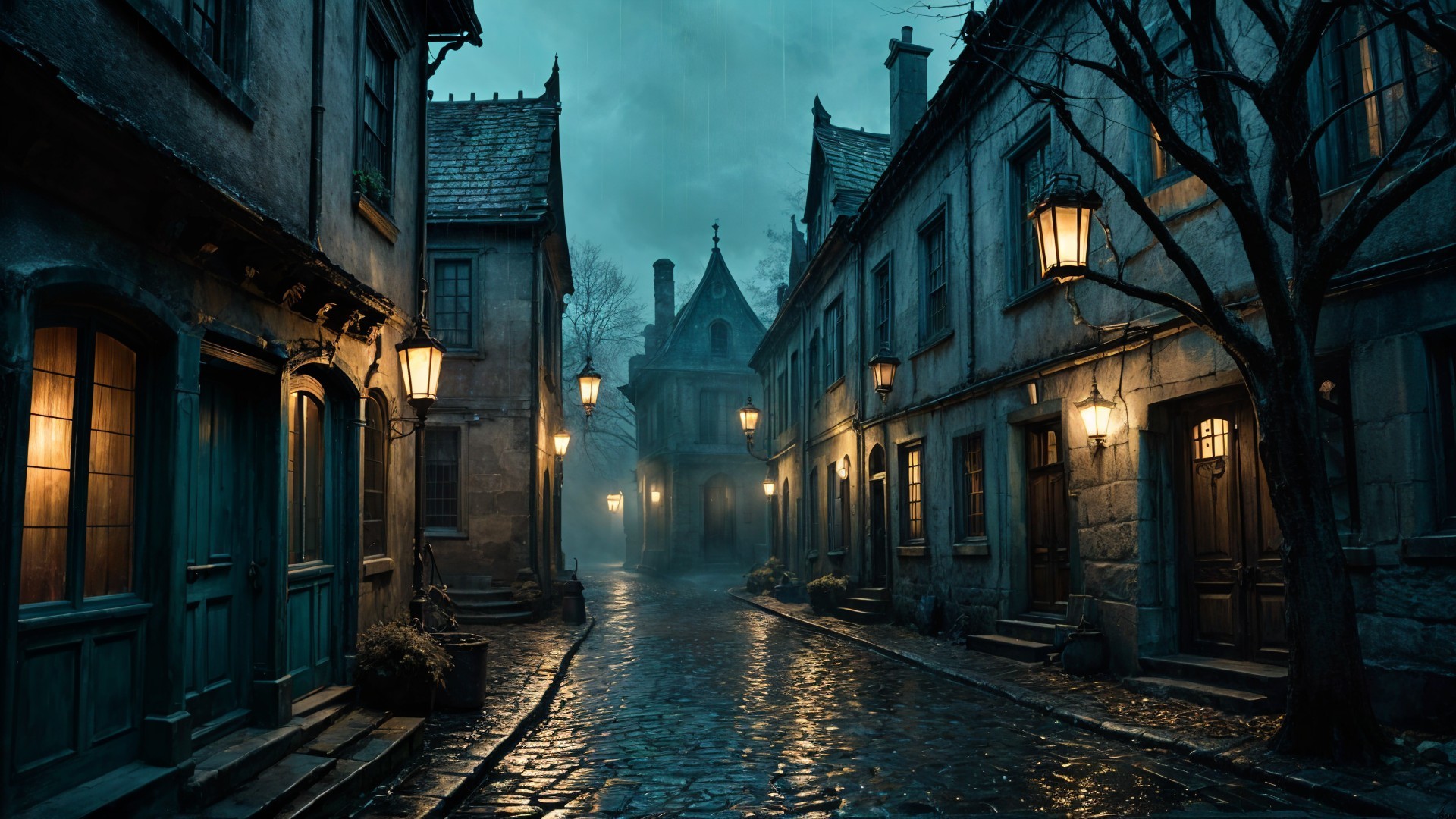 Narrow Cobblestone Street in an Old Village at Twilight