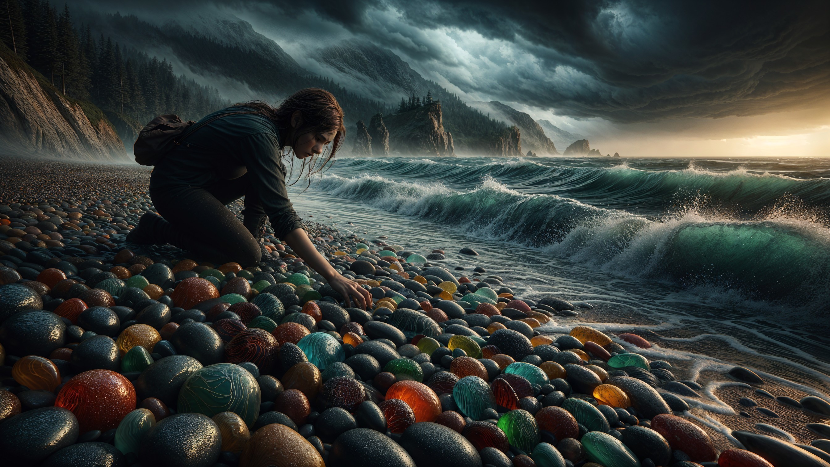 Woman on rocky beach with colorful stones and clouds