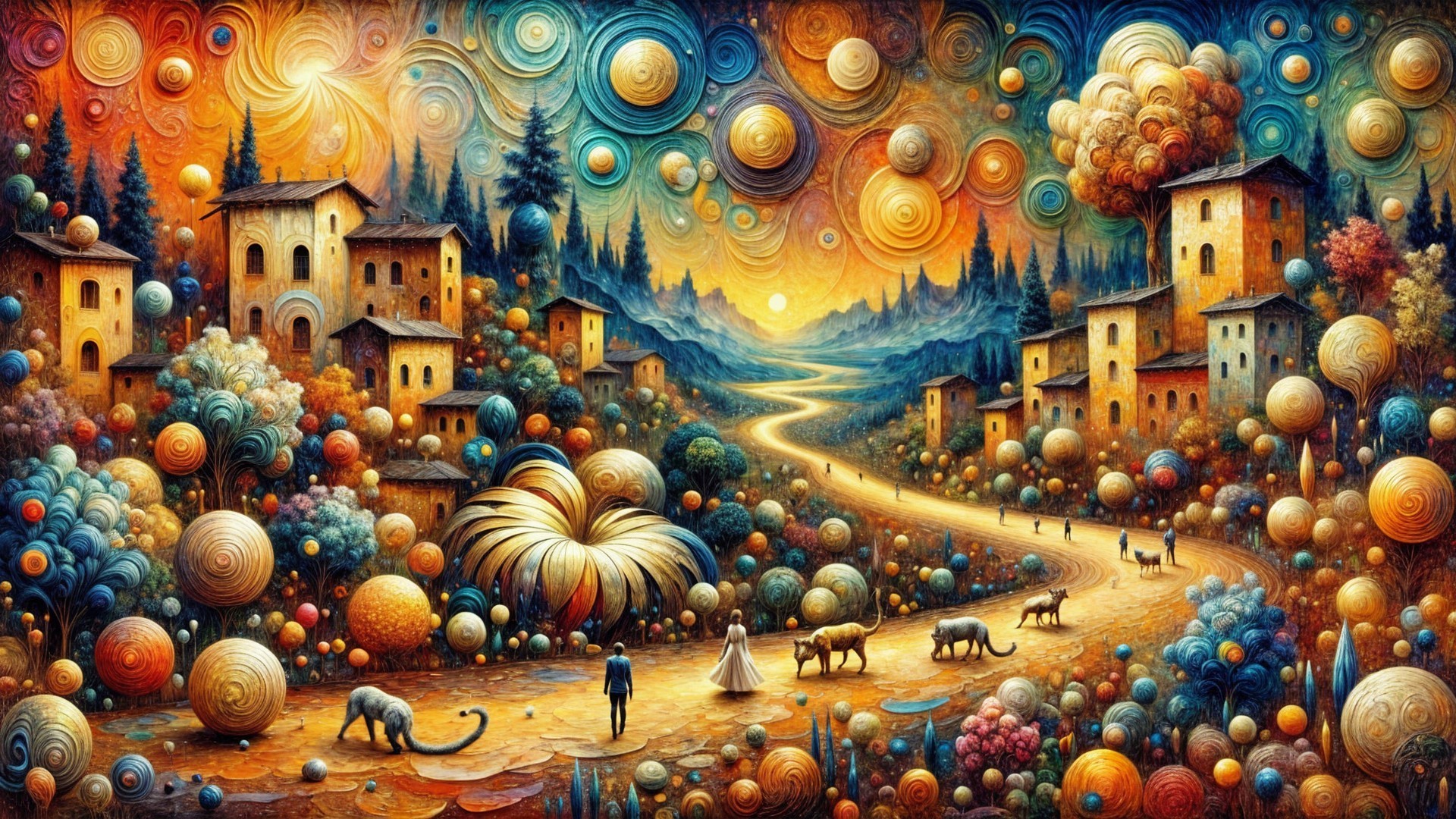 Vibrant Dreamlike Landscape with Whimsical Elements
