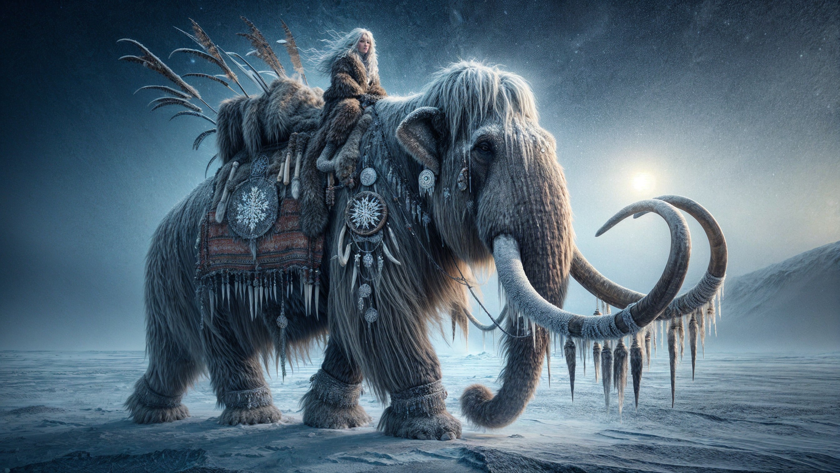 Woolly Mammoth in a Frozen Landscape with Tribal Decor