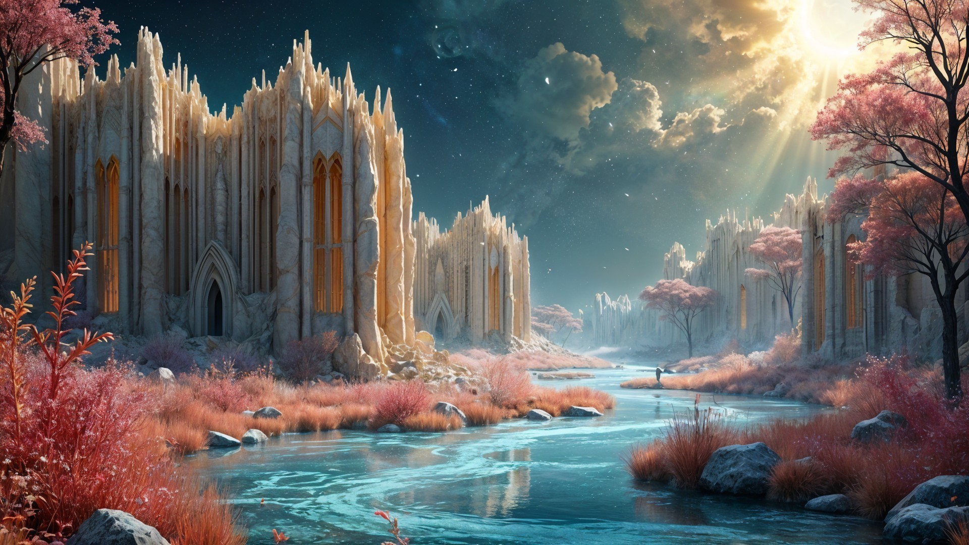 Magical Landscape with Crystal Structures and Moonlight