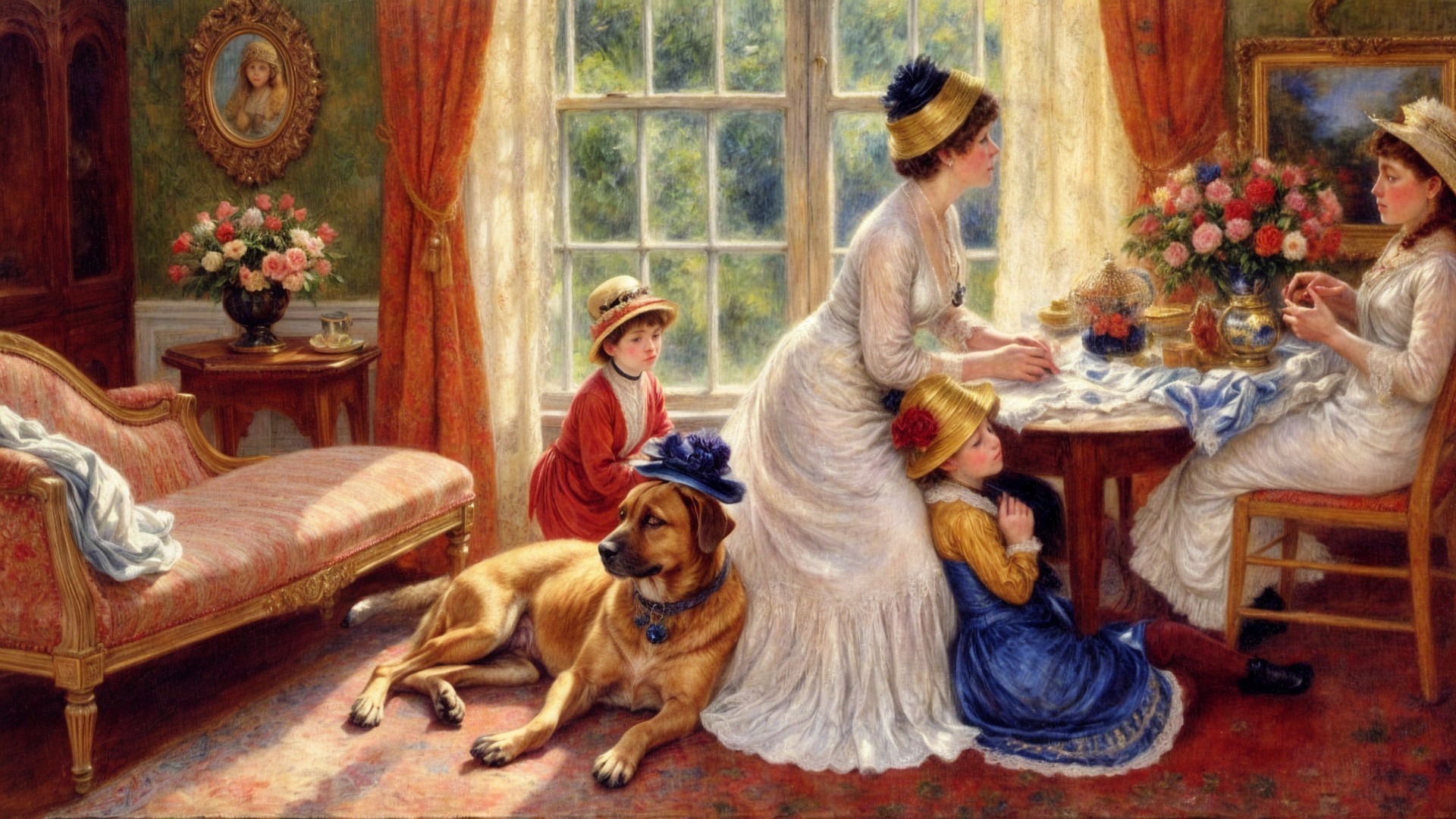 Elegant Interior Scene with Women and Children