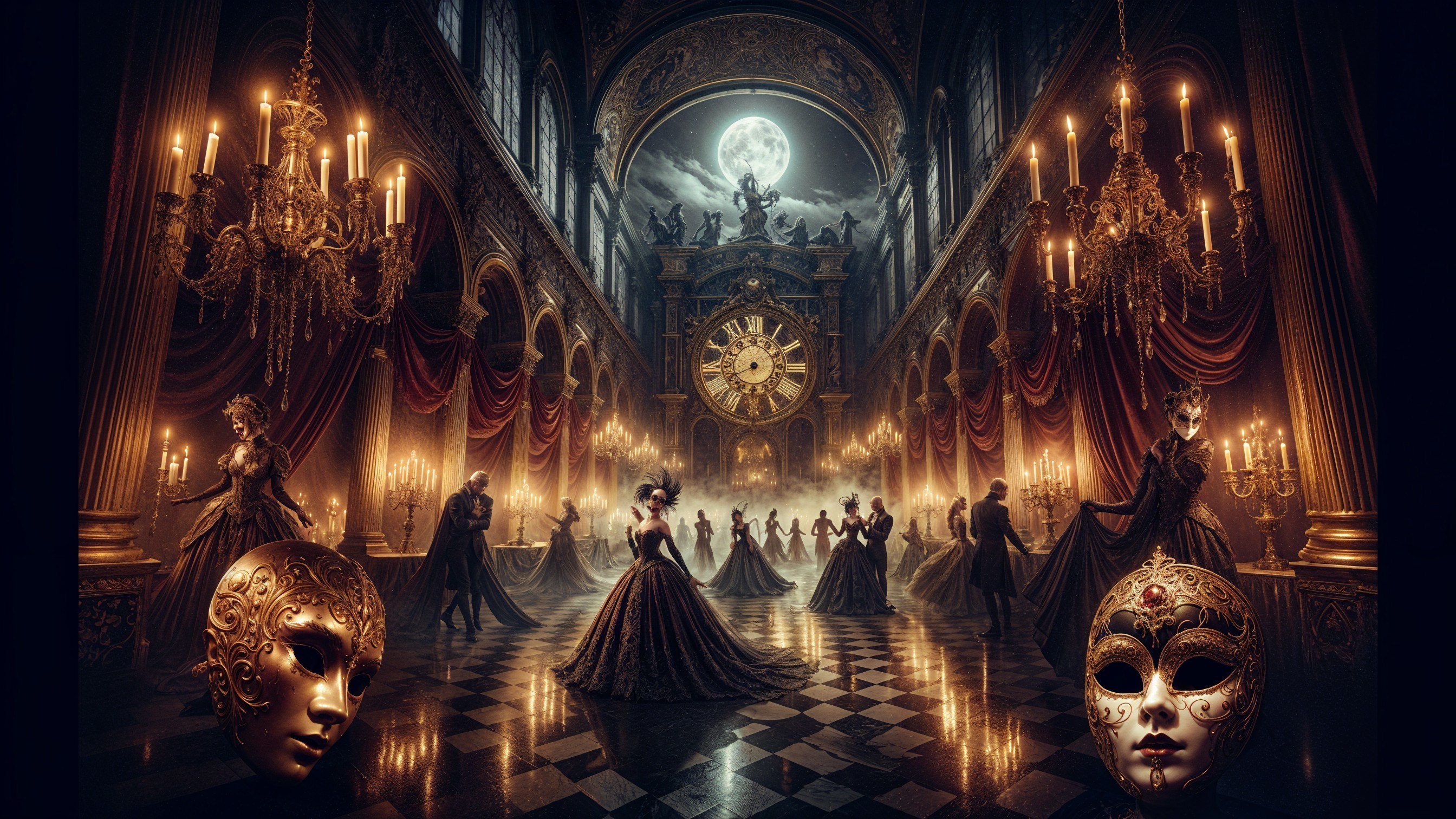 Opulent ballroom scene with candlelight and chandeliers