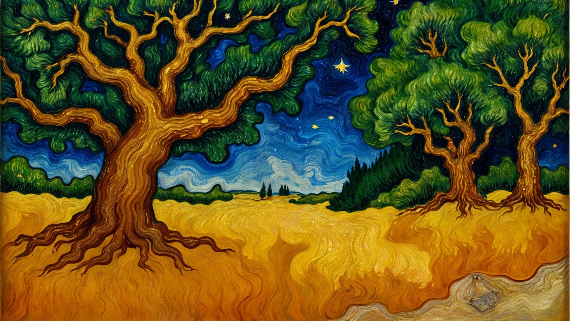 Vivid Landscape with Swirling Trees and Golden Field