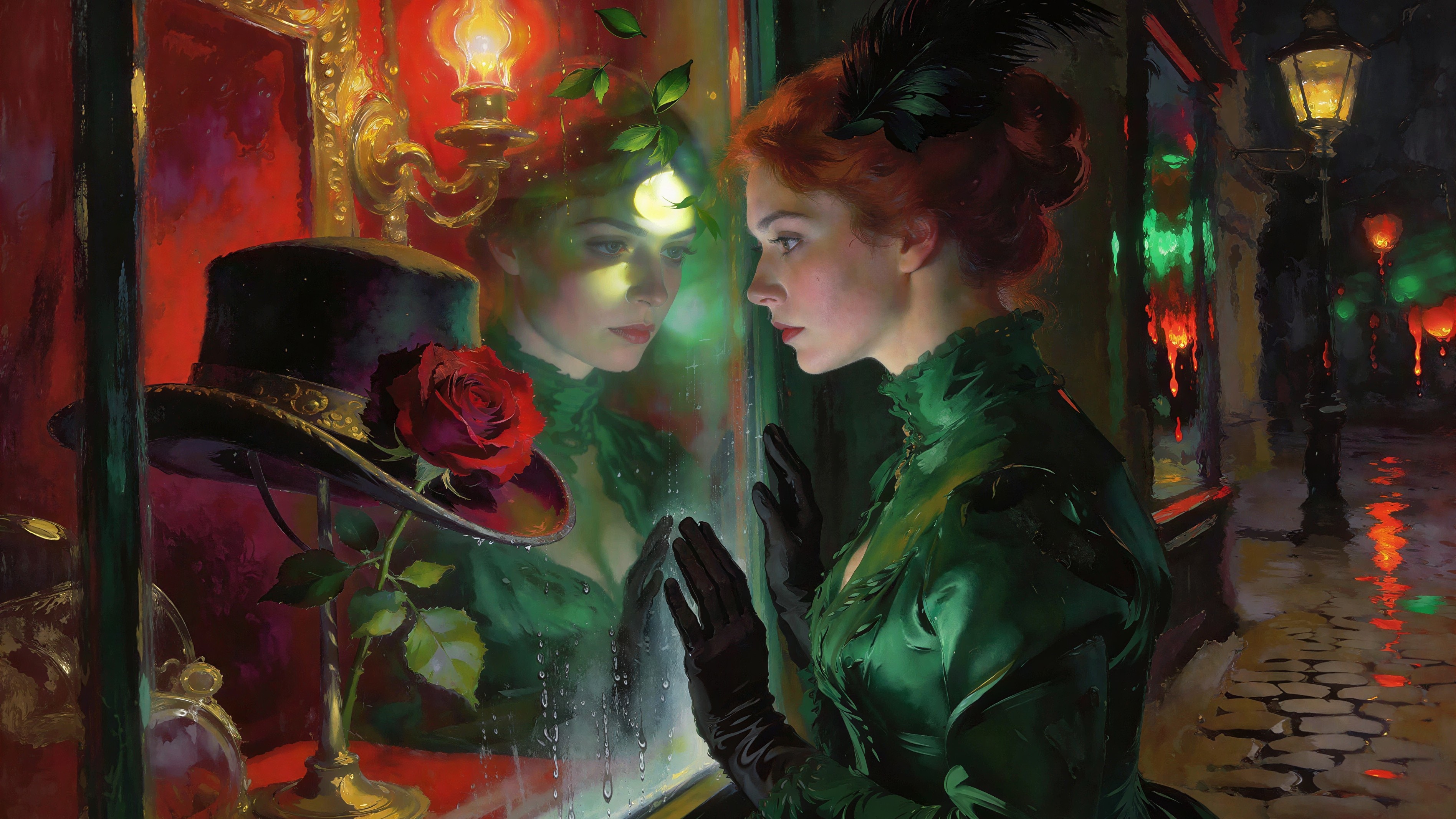 Oil Painting of a Woman in Green Dress on Rainy Night