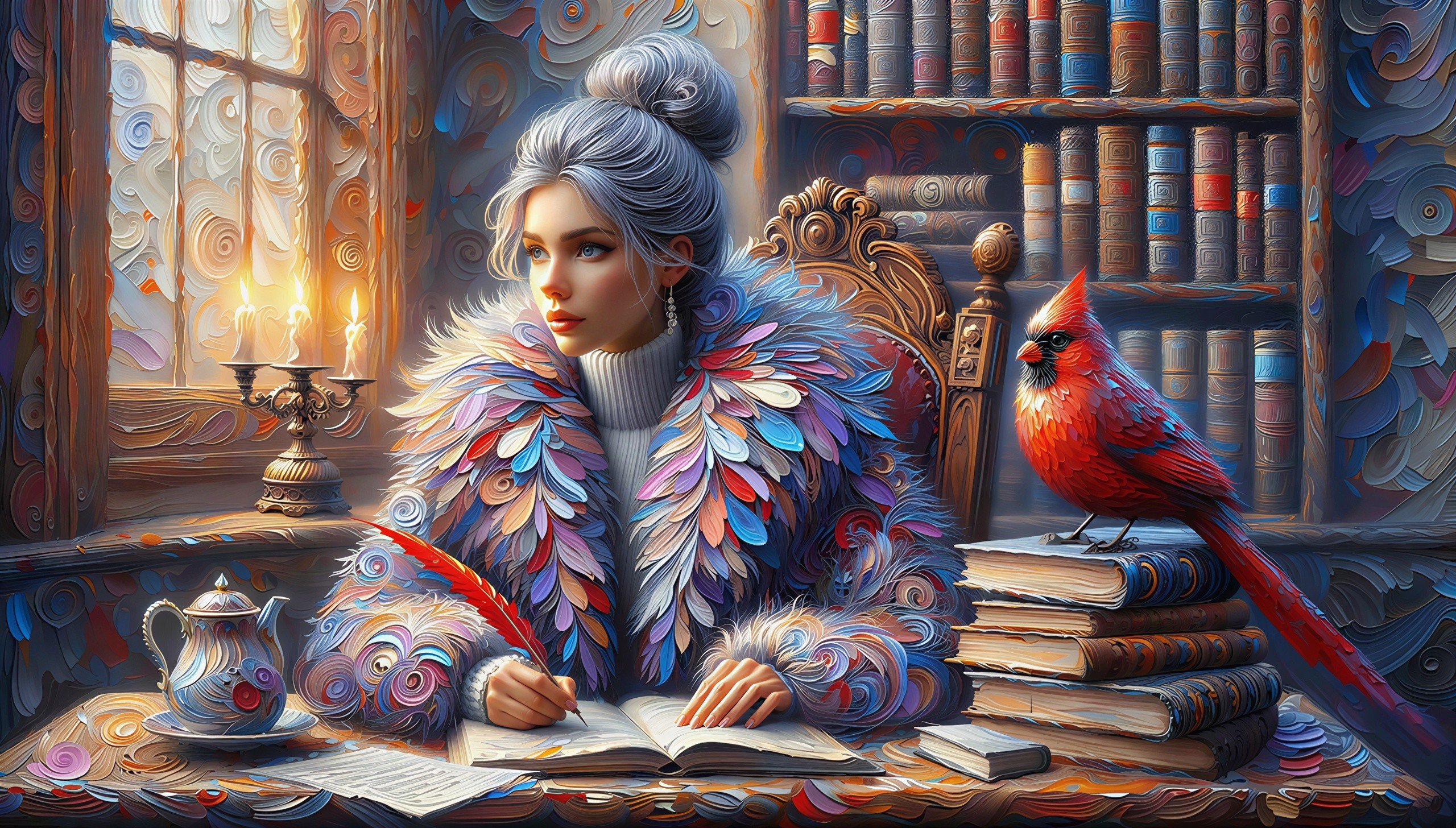 Young Woman Writing at Desk with Feathered Coat