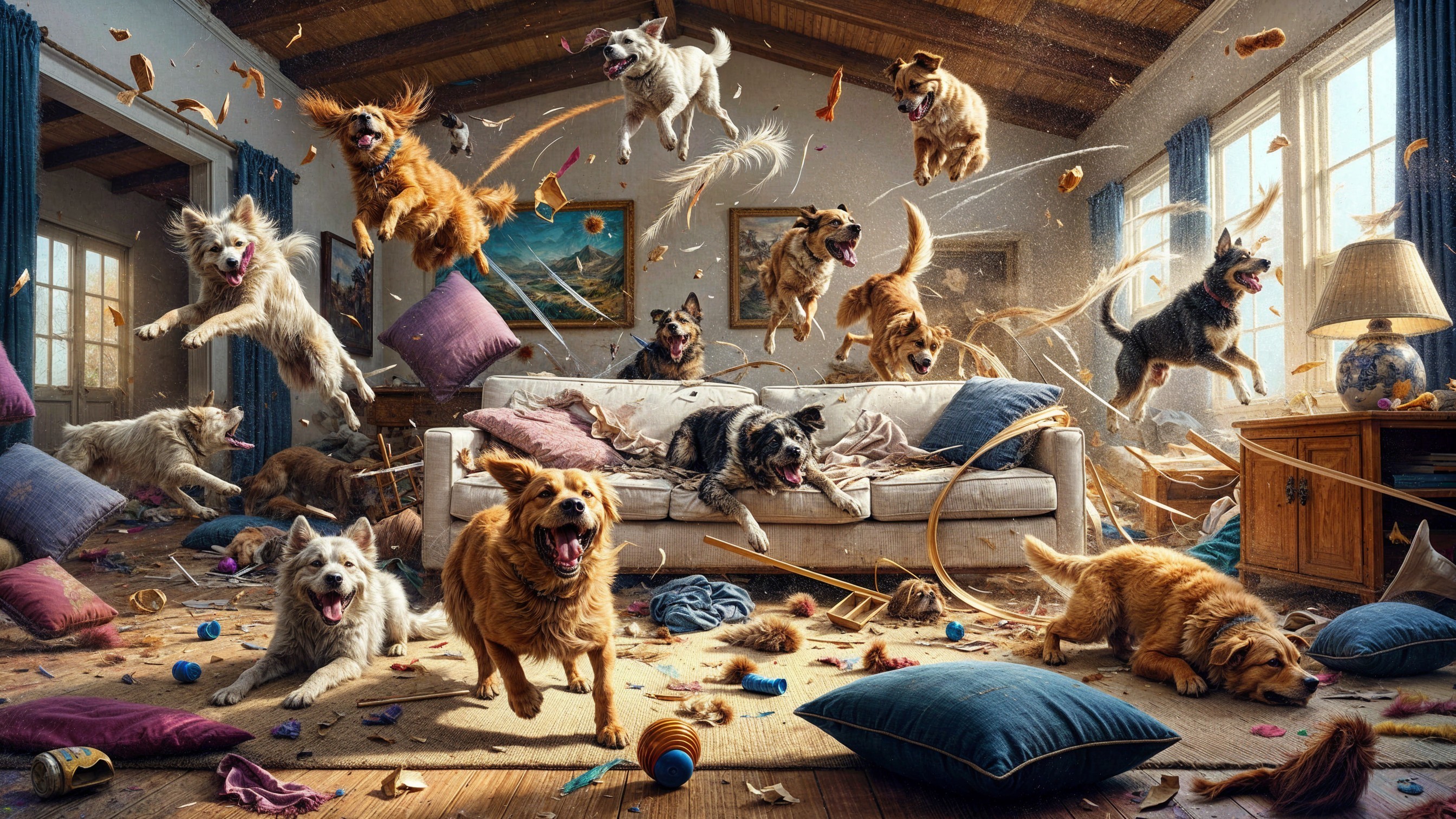 Chaotic Living Room with Joyful Dogs Playing