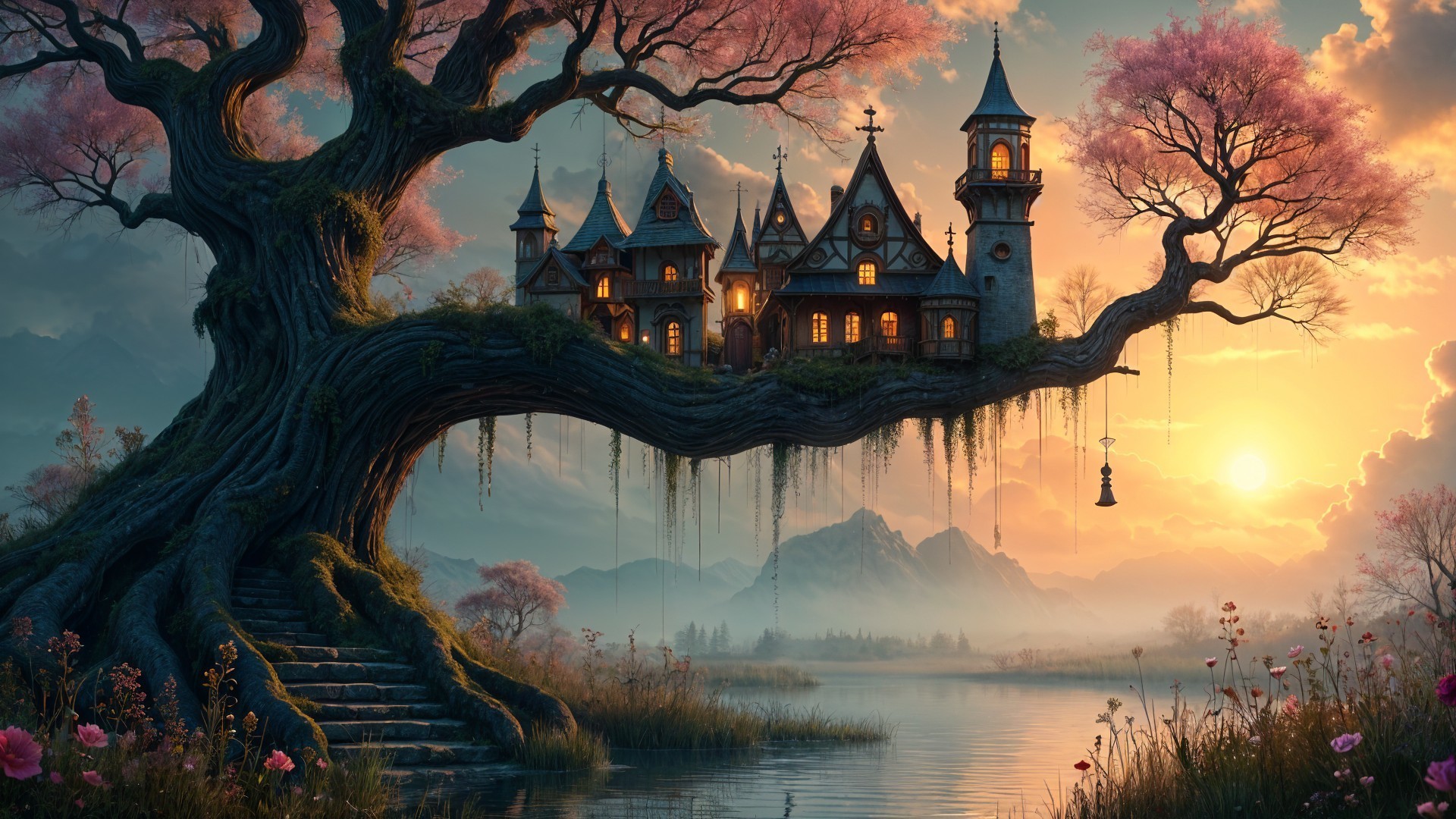 Whimsical Tree Over Lake with Charming Village Scene