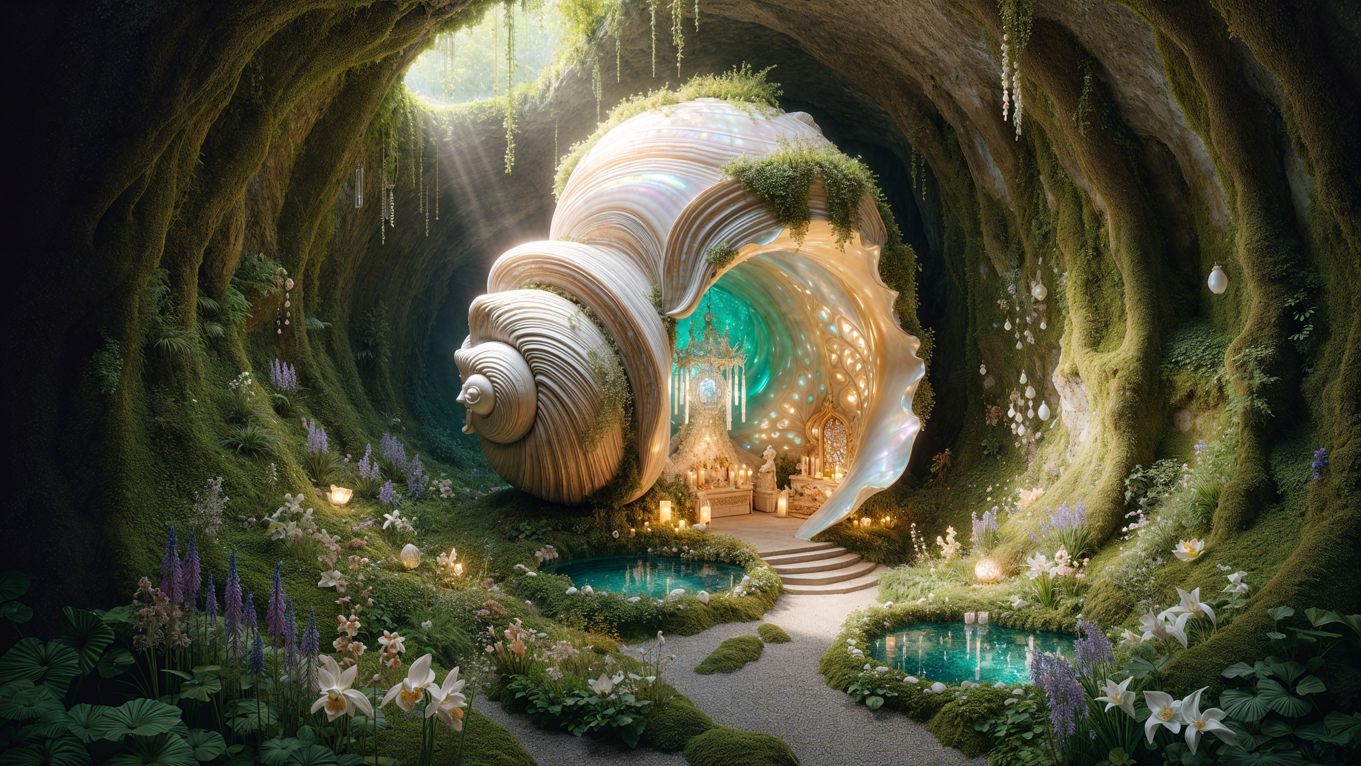 Whimsical Interior of a Giant Seashell in a Cave