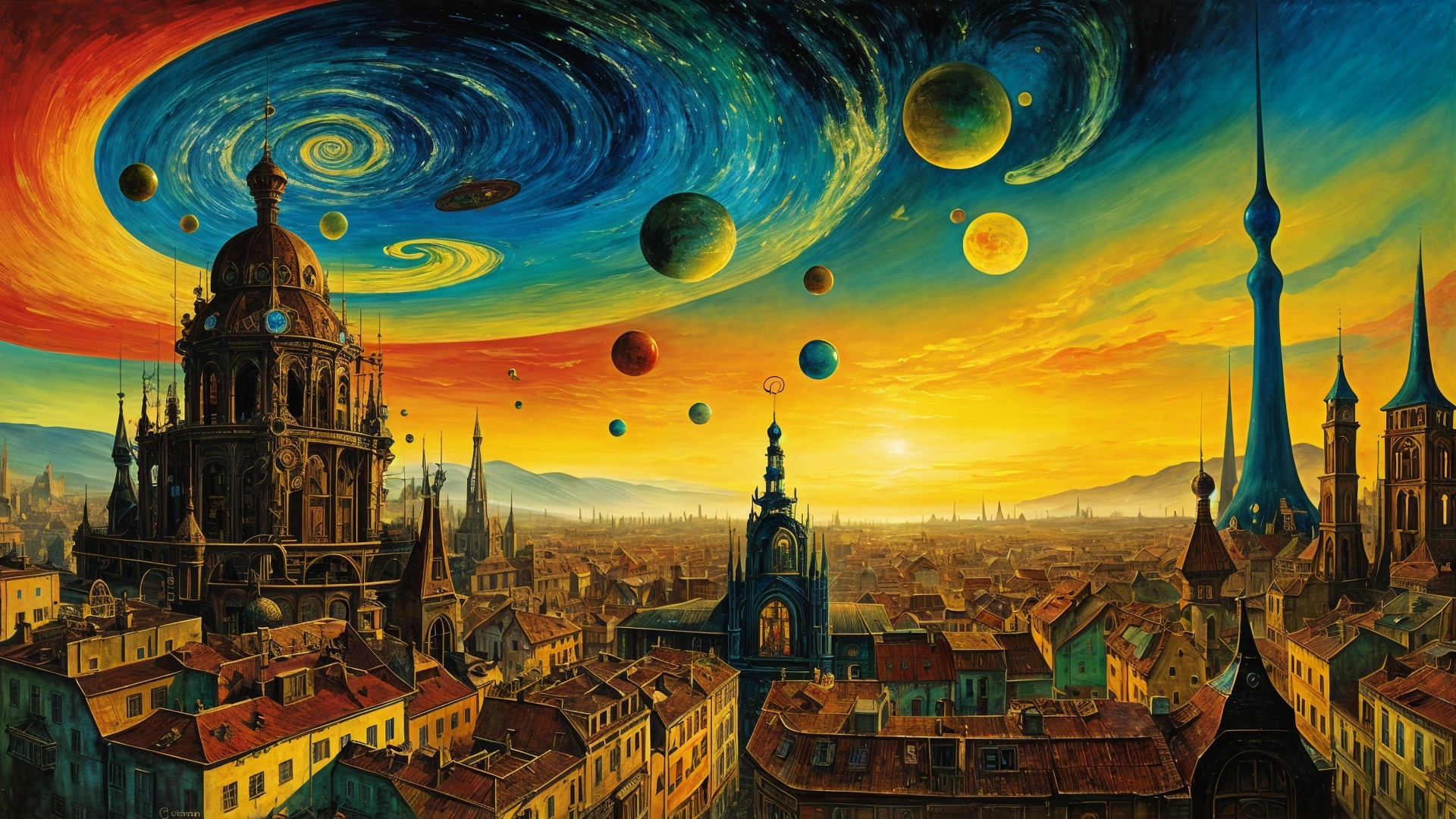 Surreal Cityscape Under a Swirling Cosmos