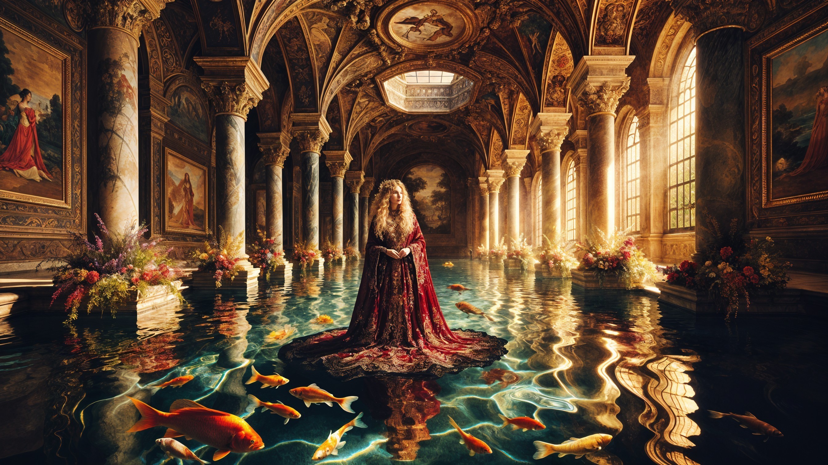 Opulent Flooded Space with Woman in Red Gown
