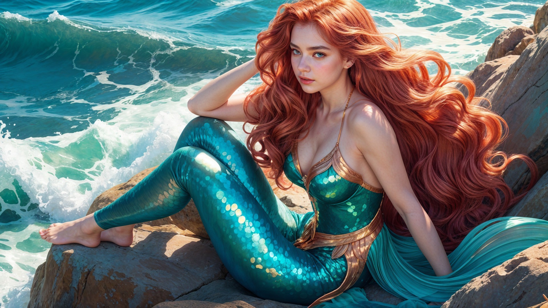 Mermaid figure on rocky shoreline with ocean backdrop