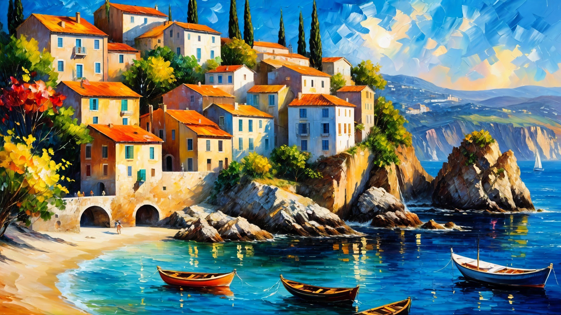 Coastal Village with Colorful Houses and Turquoise Water