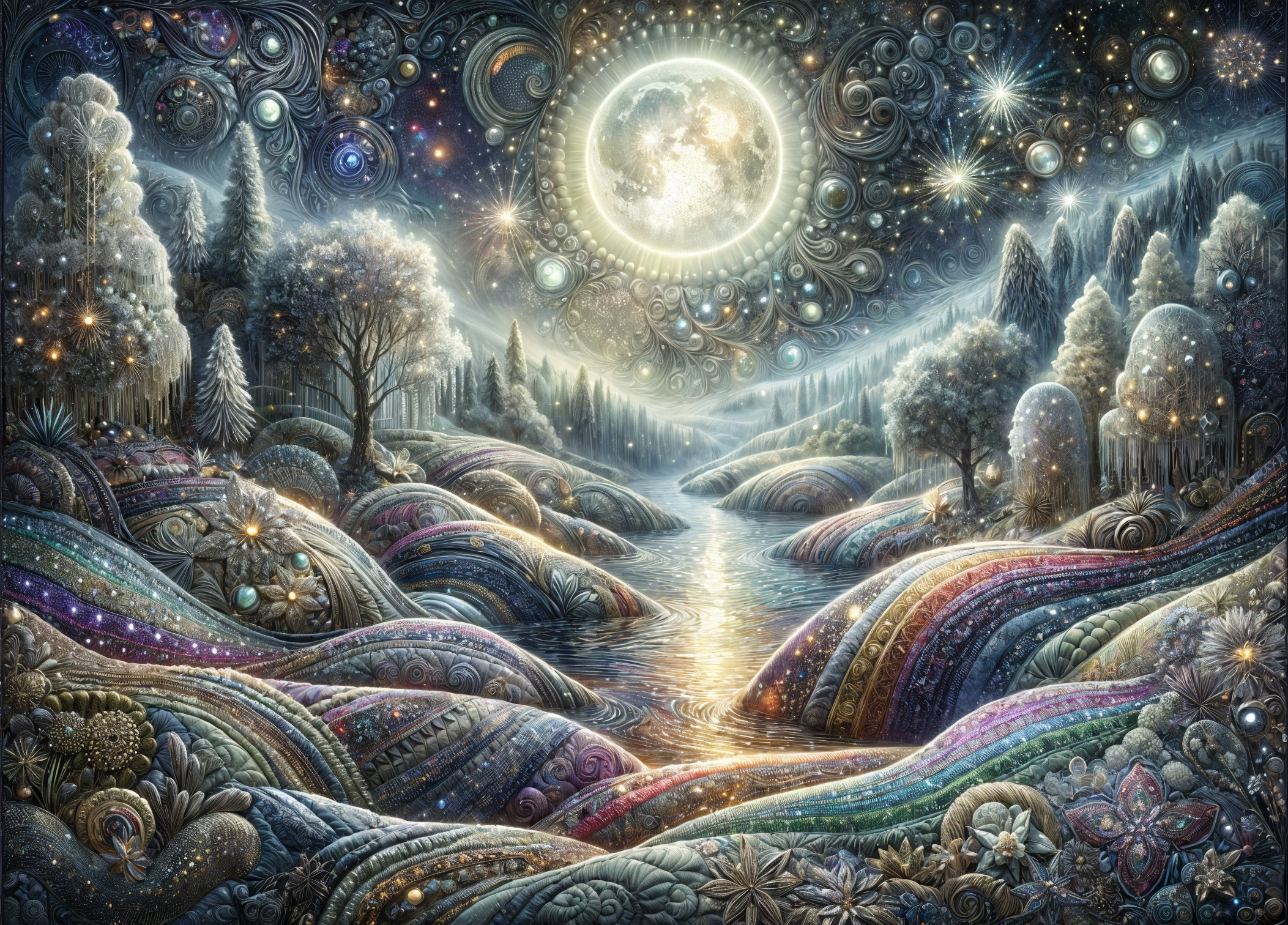 Dreamlike Landscape with Colorful Hills and Moon