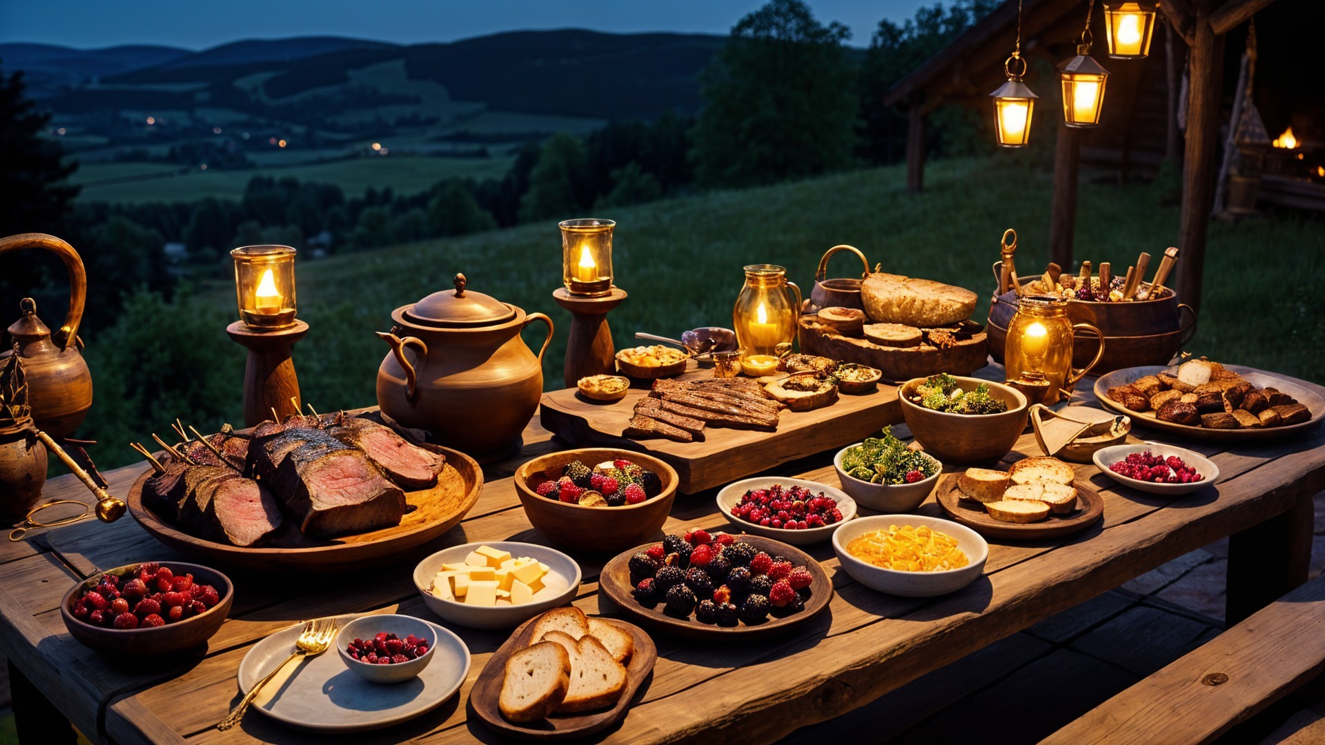 Outdoor banquet setup with grilled meats and cheeses