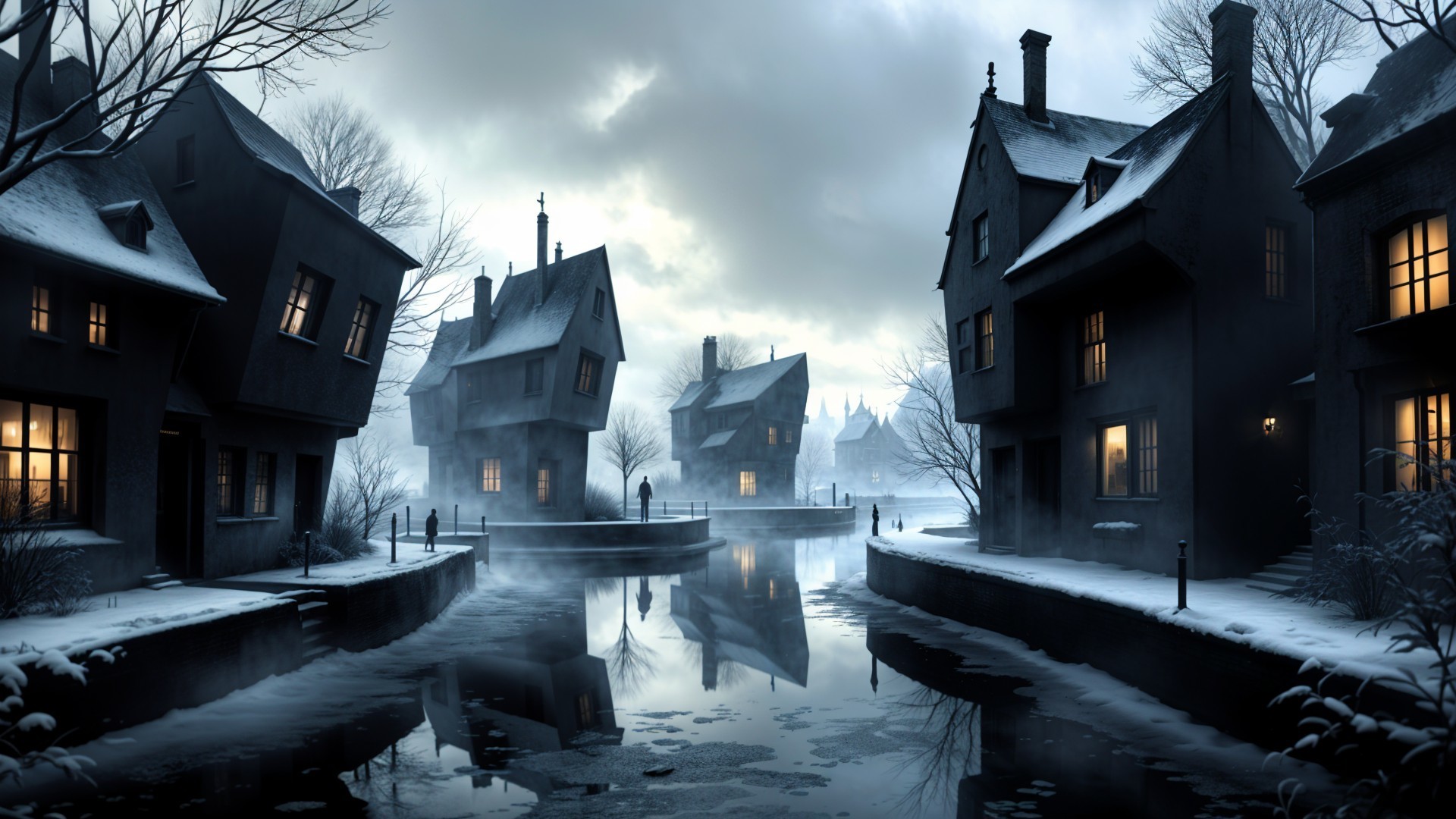 Serene Winter Scene with Snowy Canal and Houses
