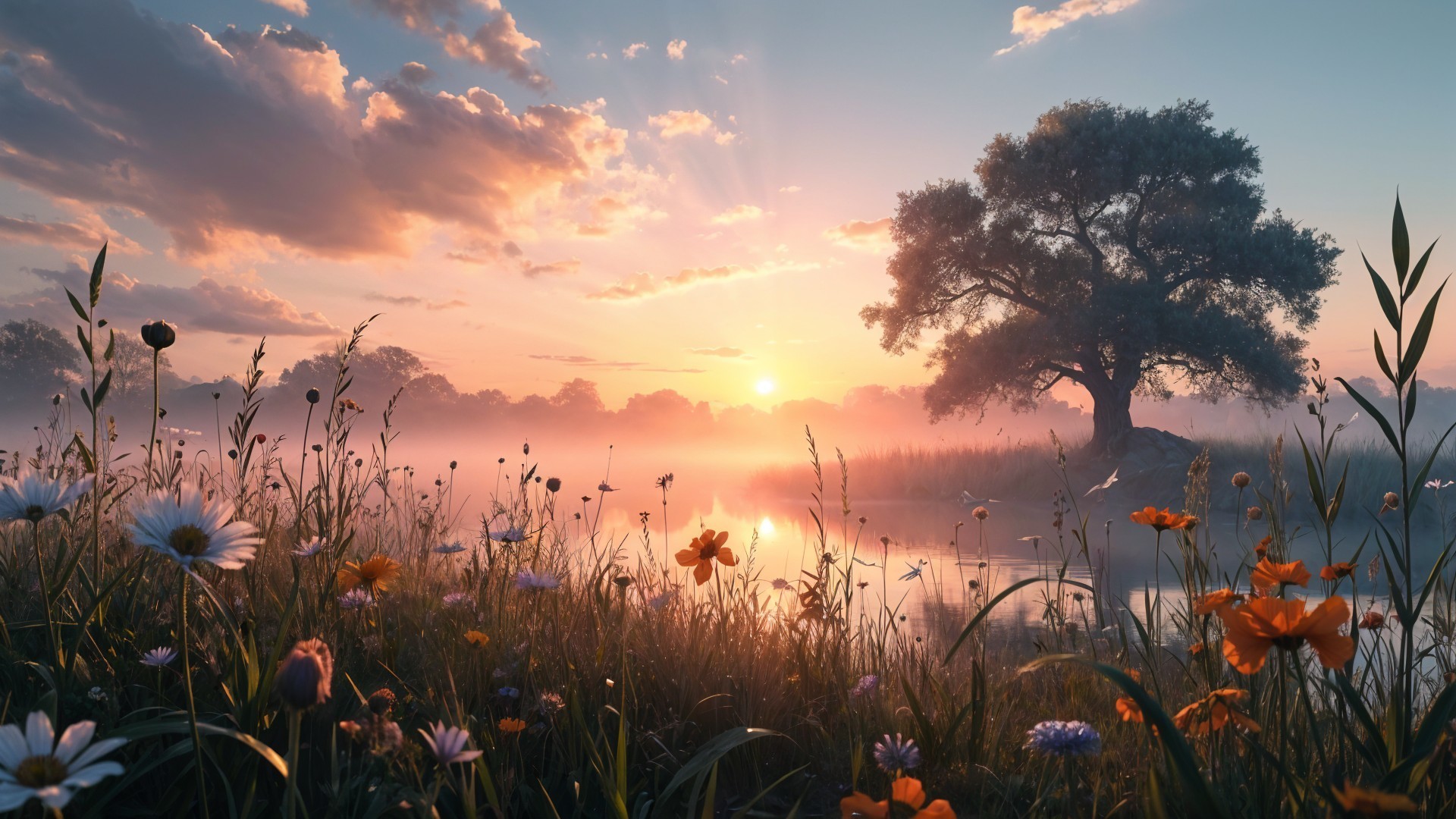Tranquil Dawn Landscape with Lake and Wildflowers
