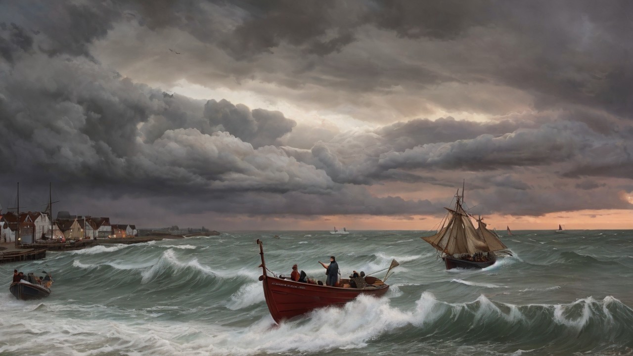 Dramatic Seascape with Fishermen and Stormy Sky