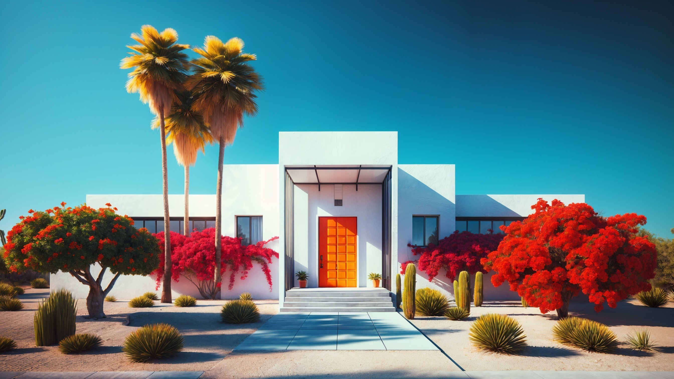 Modern Home with White Exterior and Colorful Landscape