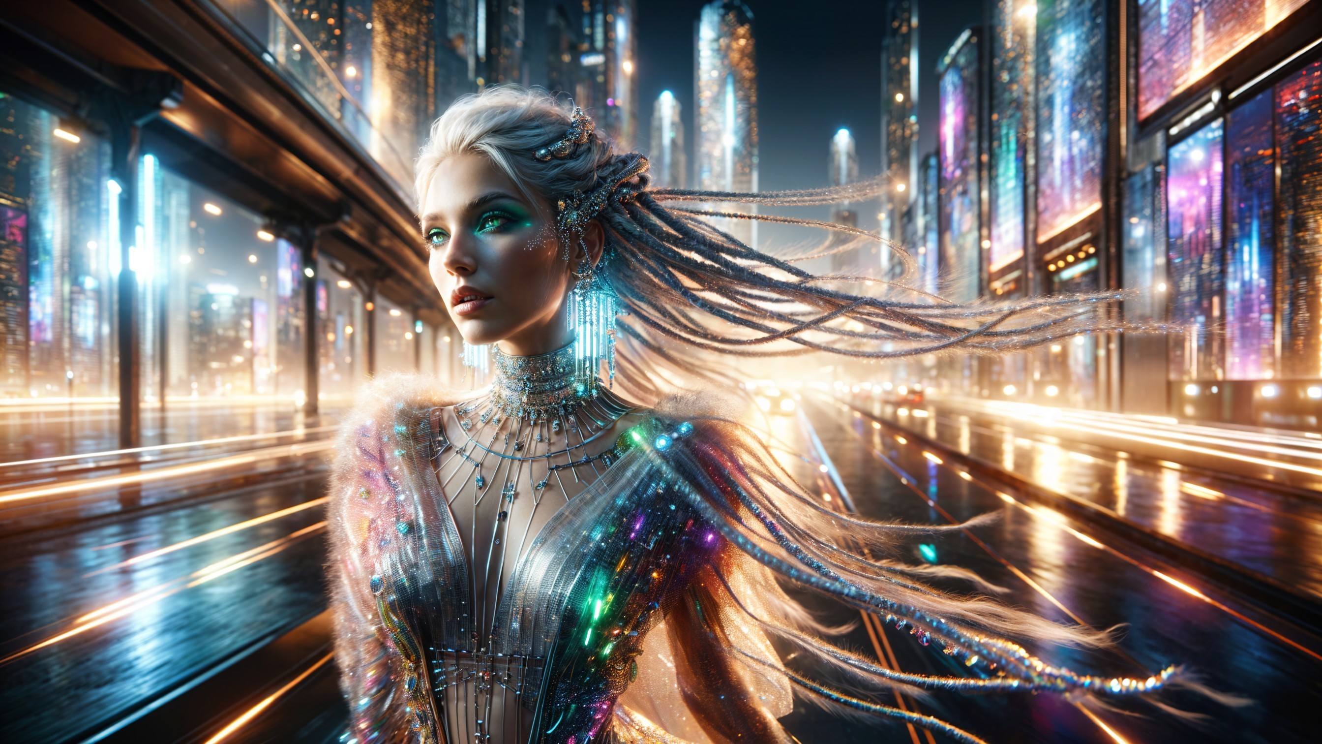 Futuristic cityscape with neon lights and holographic fashion