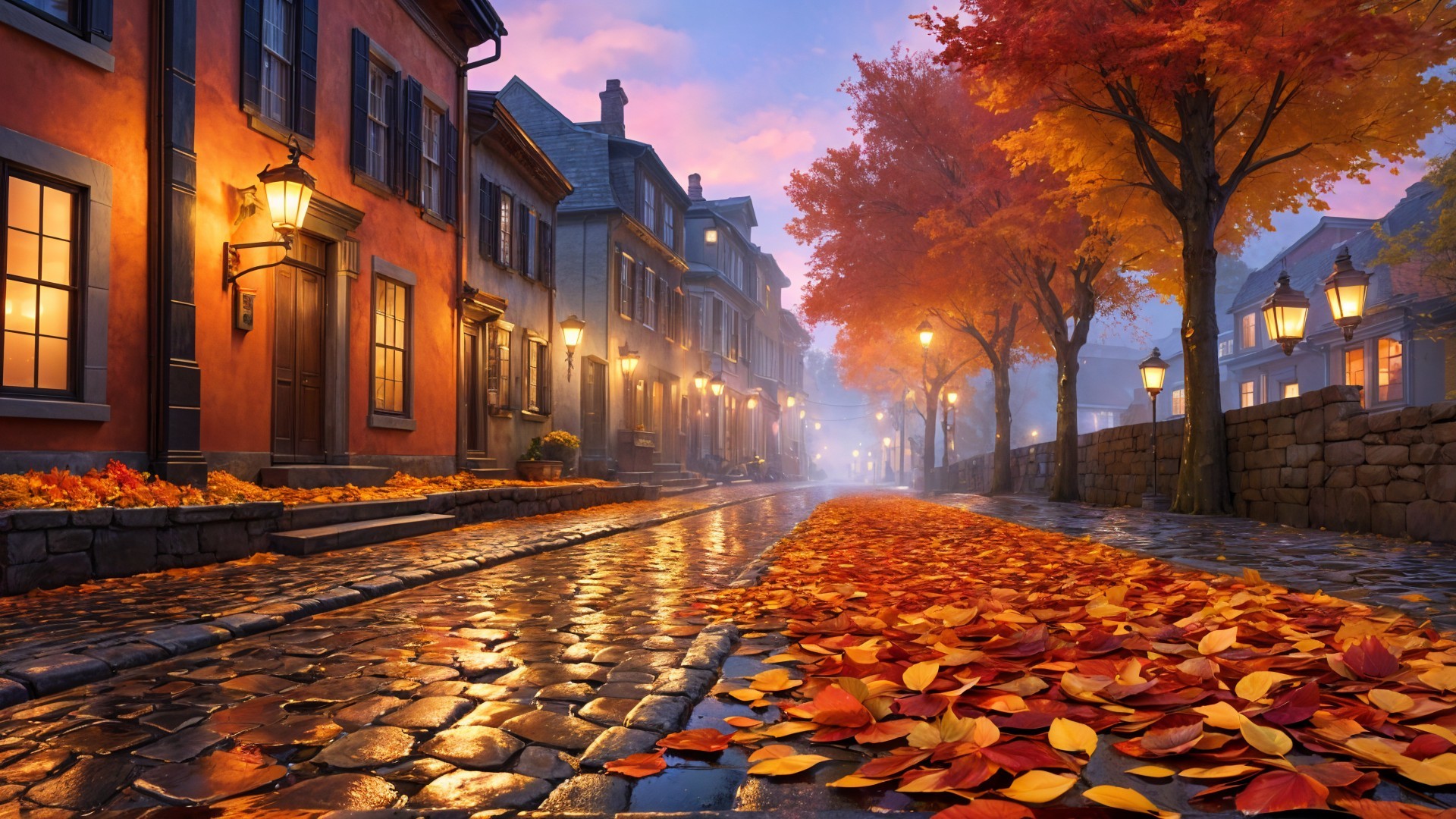 Charming Street with Autumn Leaves and Warm Glow