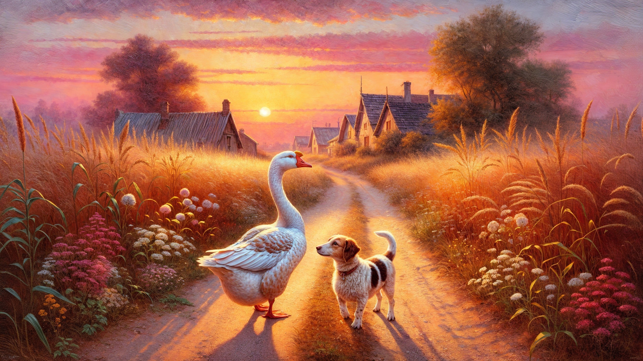Countryside Sunset with Goose and Beagle Strolling