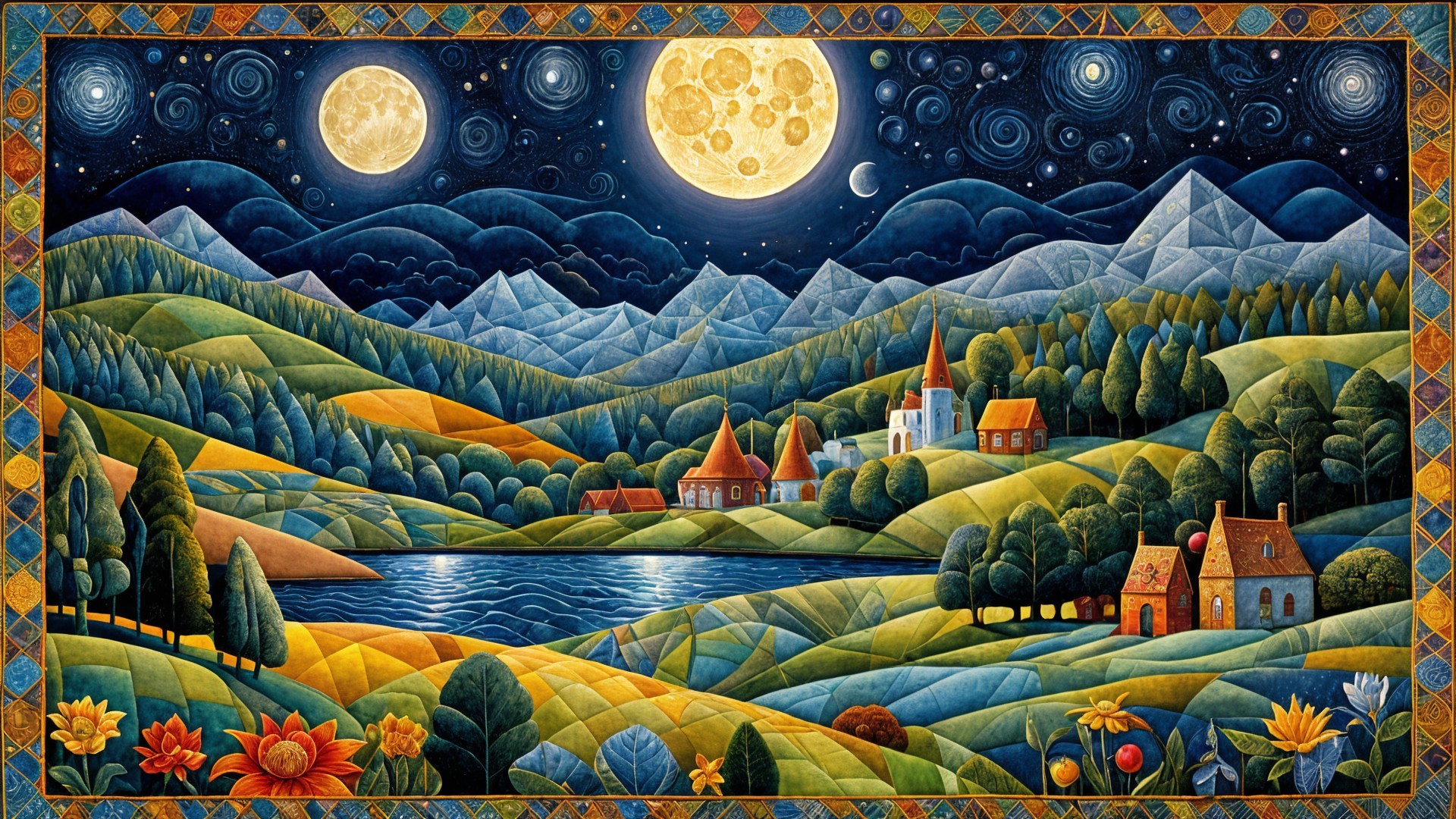 Vibrant Landscape with Two Moons and Colorful Trees