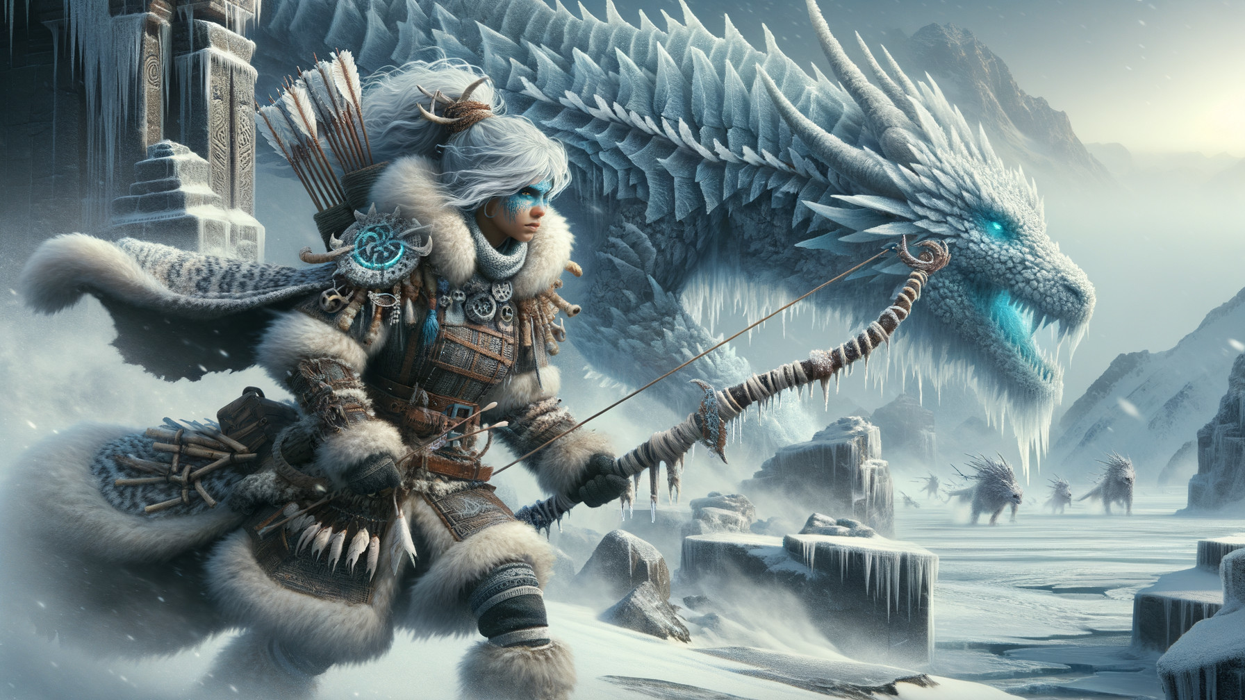 Warrior and Ice Dragon in a Snowy Fantasy Landscape