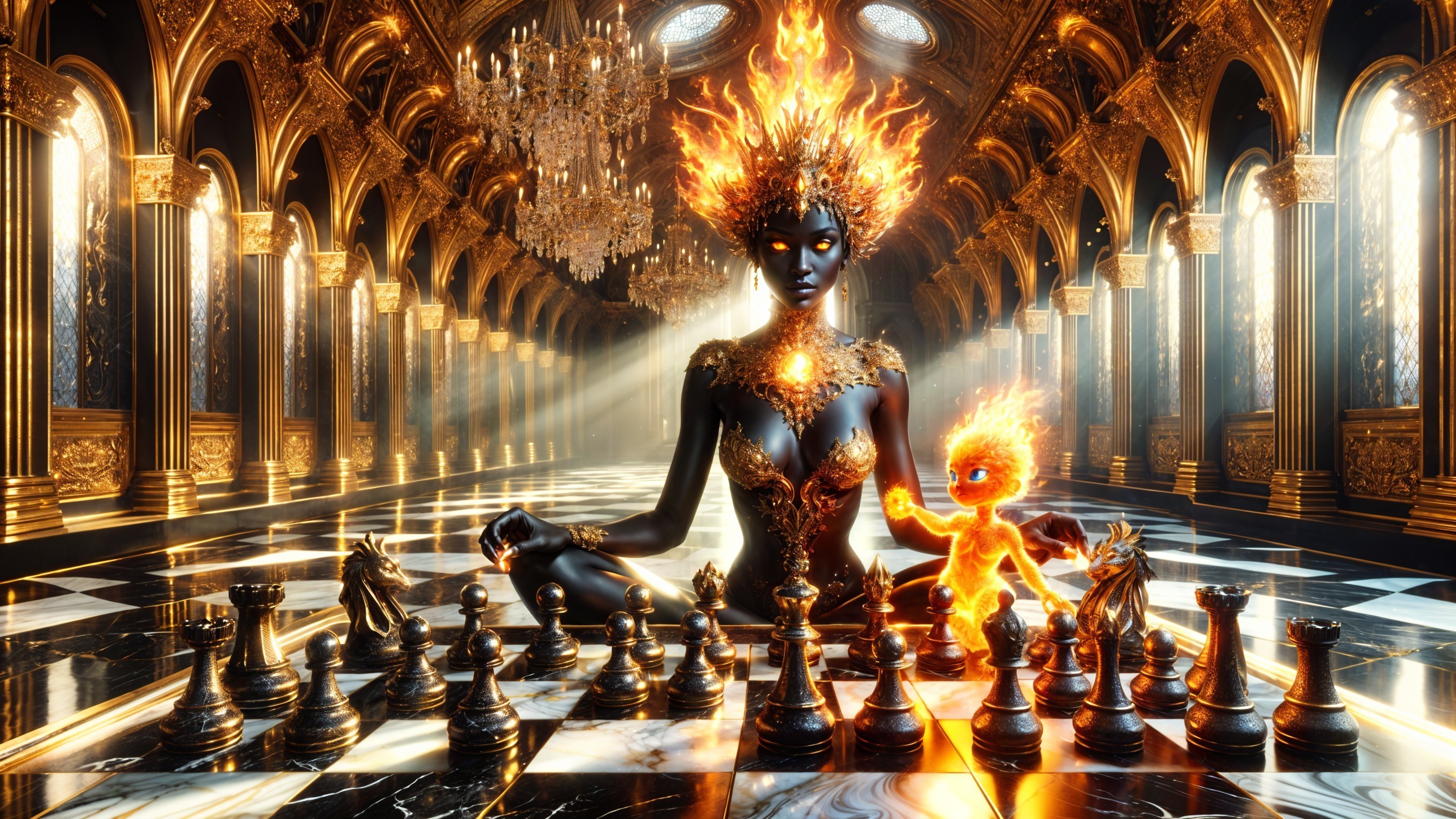 Meditation Scene with Chessboard and Fiery Creature