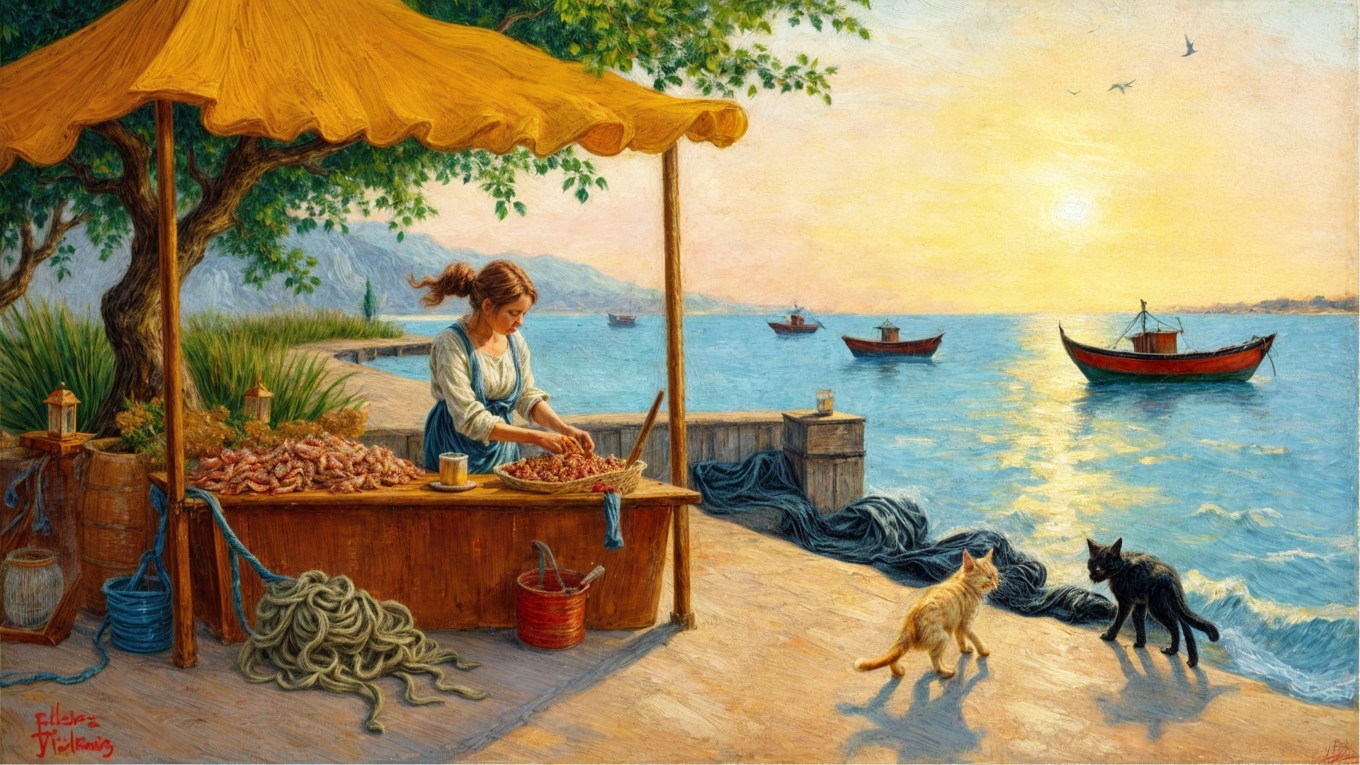 Serene seaside scene with a woman at a market stall