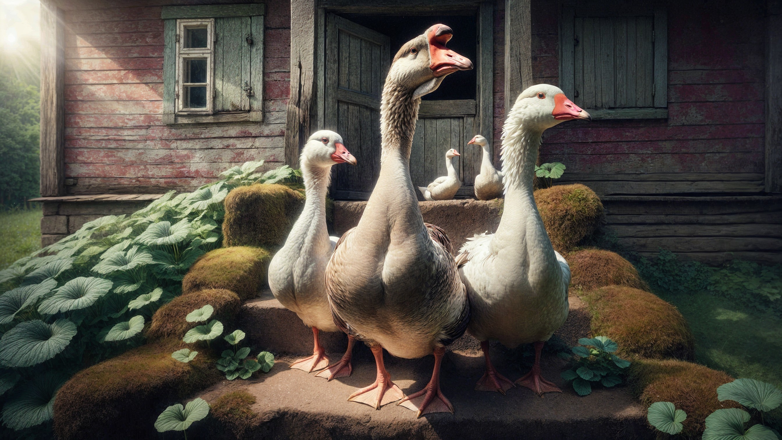 Geese on Steps of Rustic House in Lush Greenery