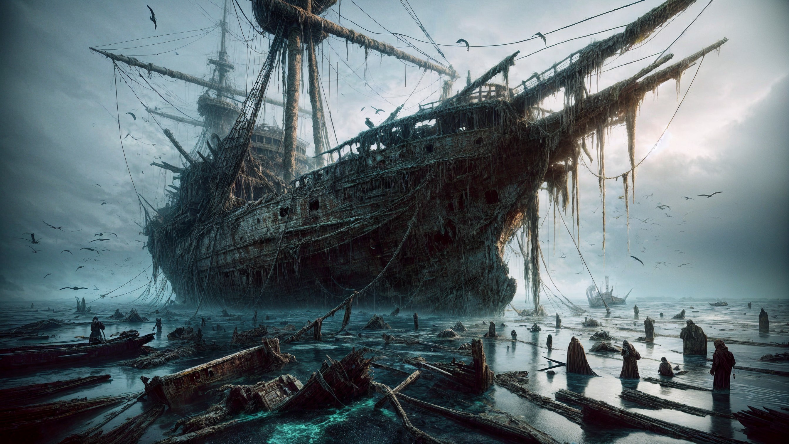 Abandoned Ship Surrounded by Fog and Wreckage