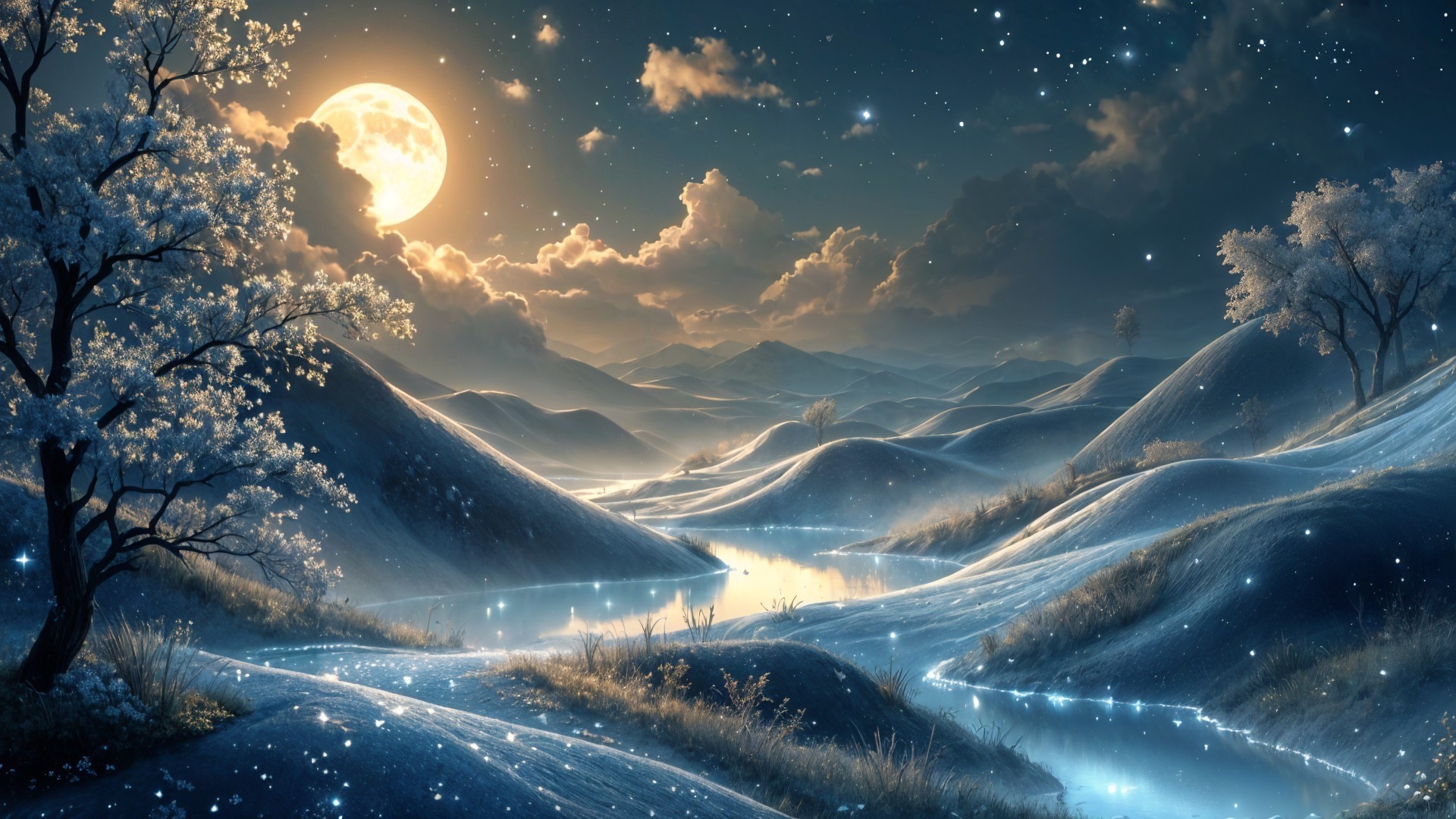 Nighttime Landscape with Snowy Hills and Full Moon