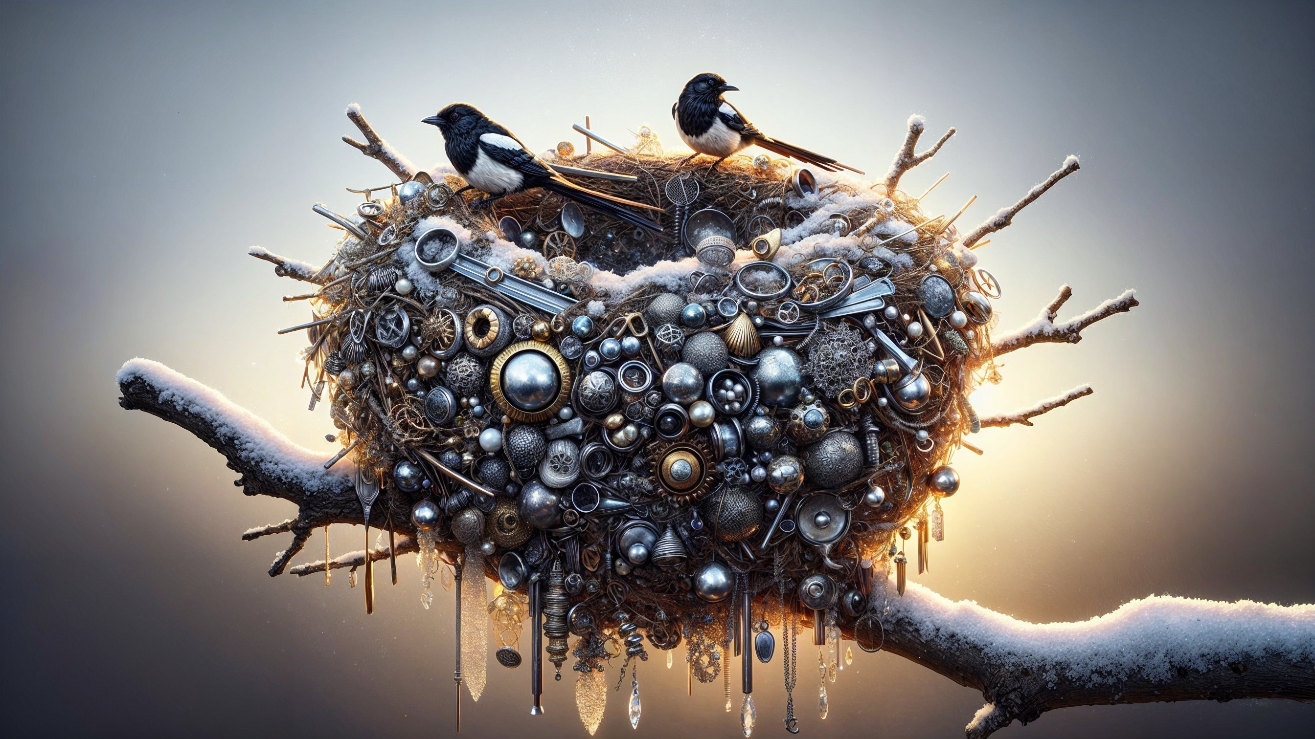 Whimsical Metallic Nest with Birds on Snowy Branch