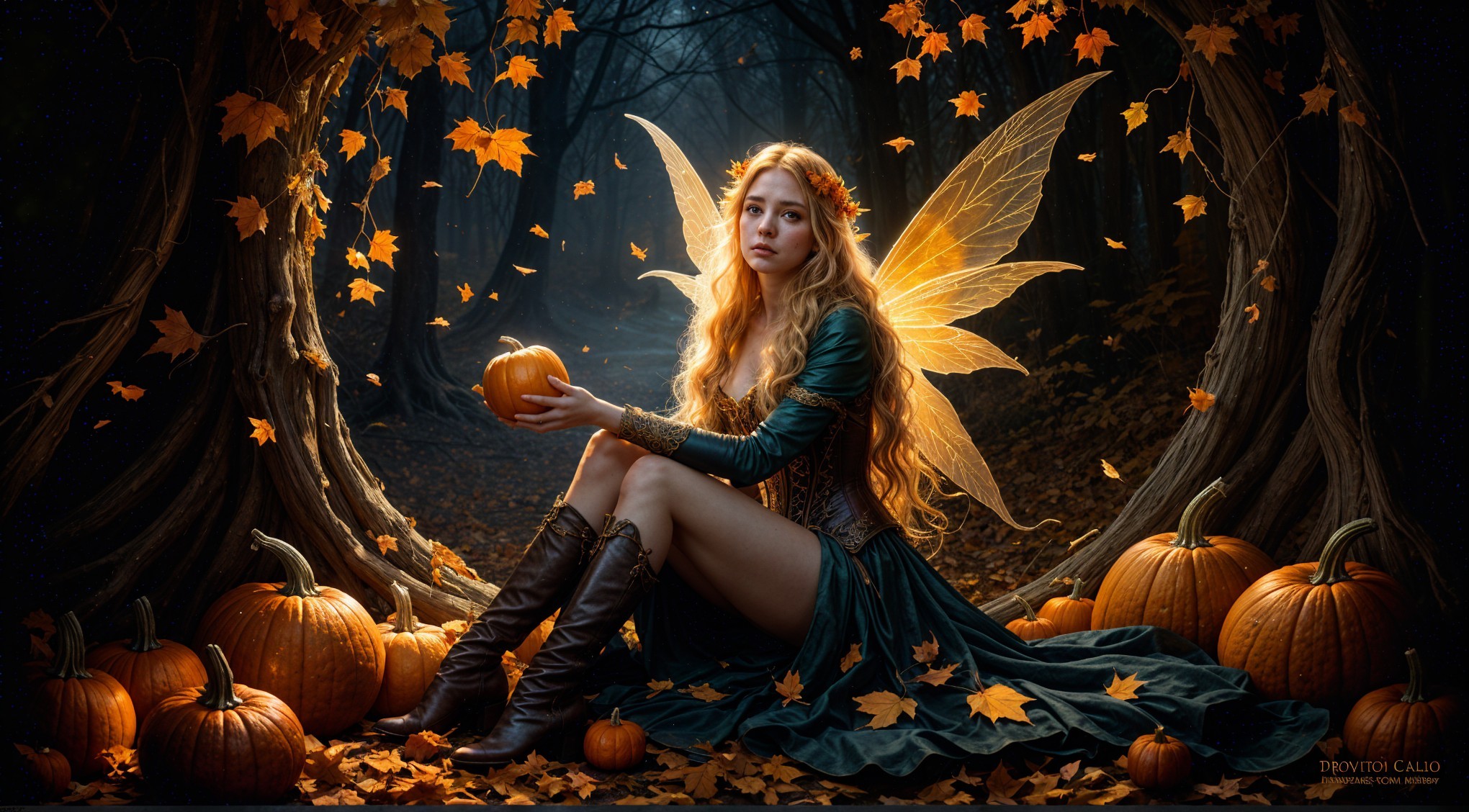 Whimsical Fairy in a Magical Autumn Forest Setting