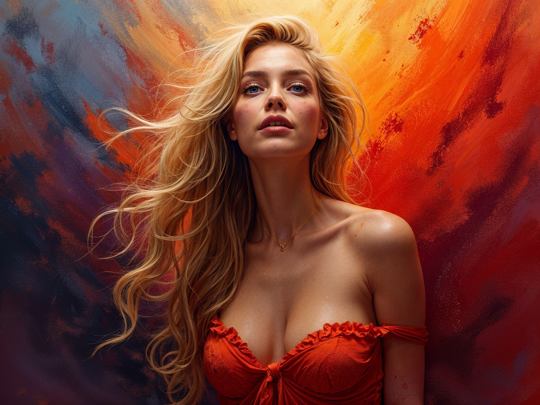 Blonde Woman in Red Top with Colorful Background