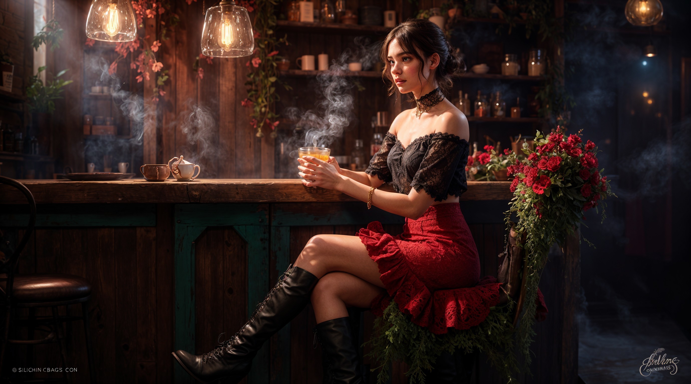 Woman in Off-Shoulder Top at Rustic Bar Setting