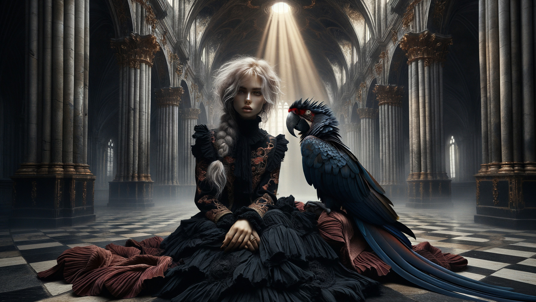 Young girl in black dress with macaw in dim hall