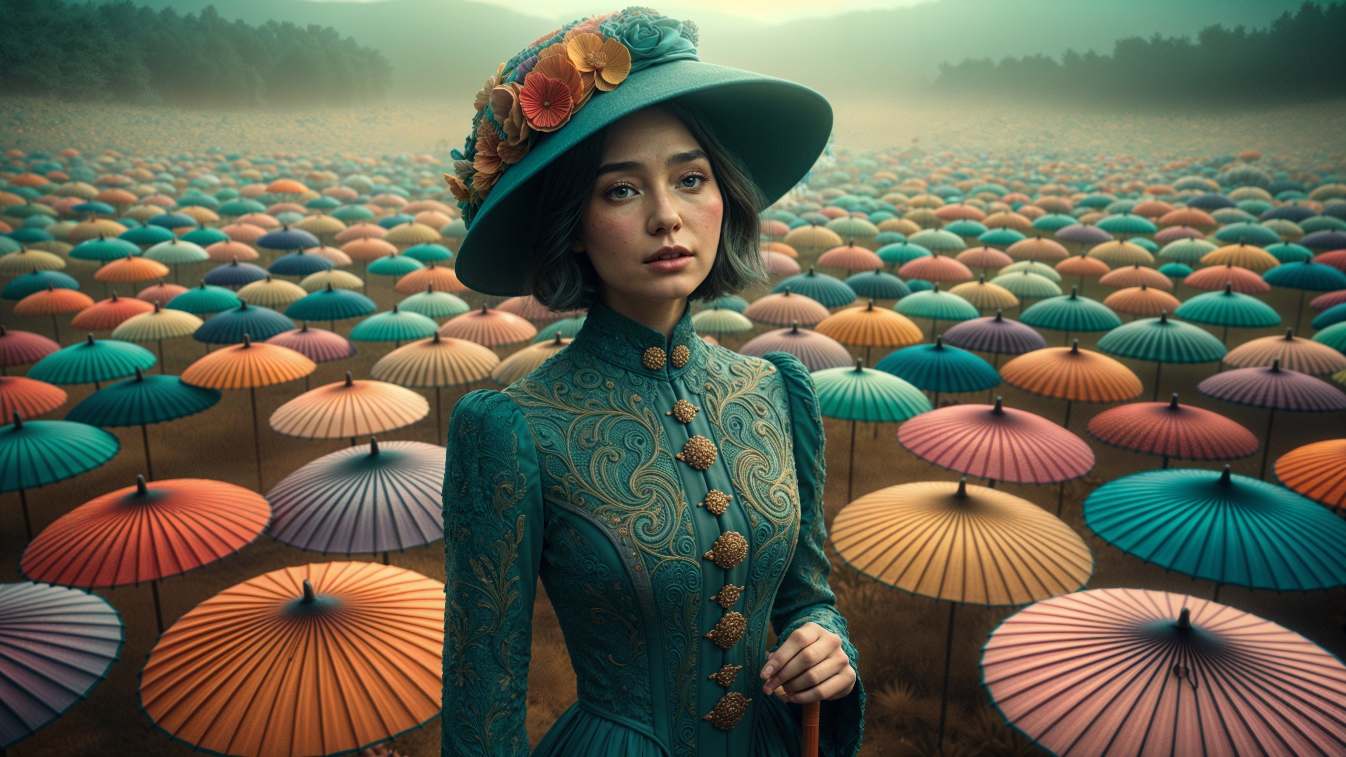 Woman in Teal Dress Surrounded by Colorful Umbrellas