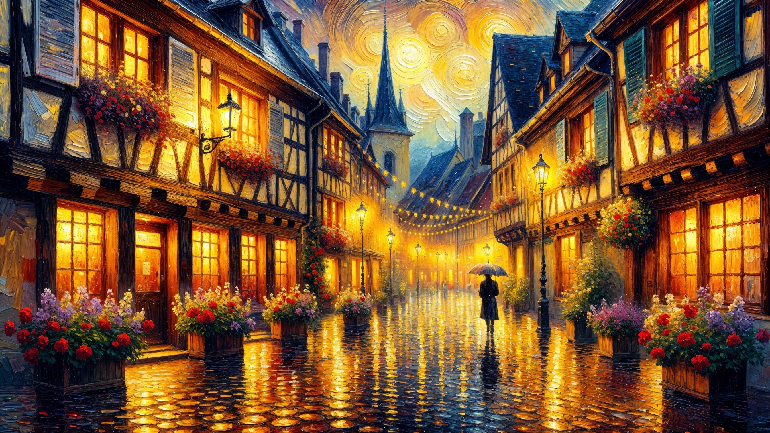 Charming Cobblestone Street with Golden Lights and Stars