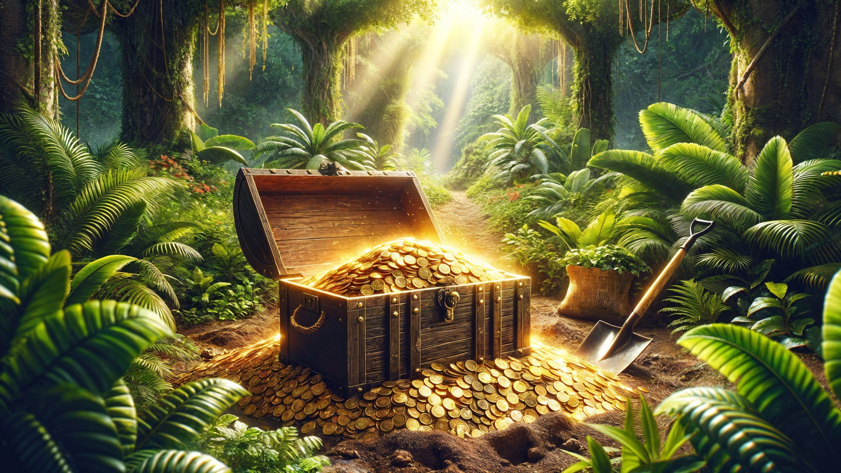 Treasure Chest Surrounded by Lush Jungle Foliage